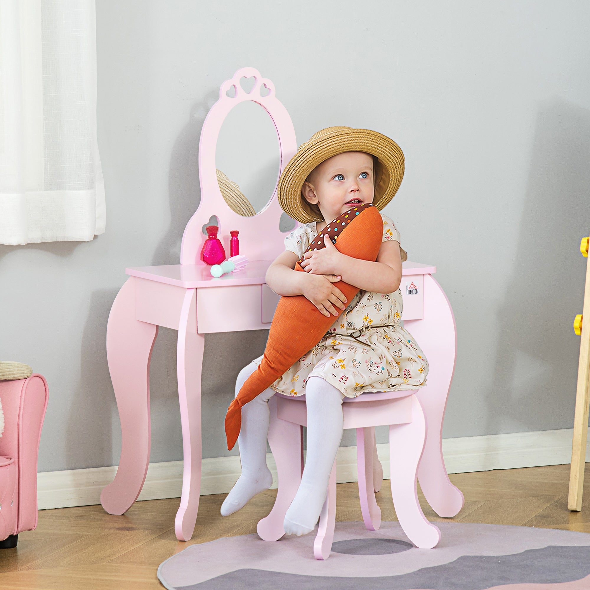 HOMCOM Kids Vanity Table & Stool Girls Dressing Set Make Up Desk Chair Dresser Play Set with Mirror Pink - North Peak Garden Furniture