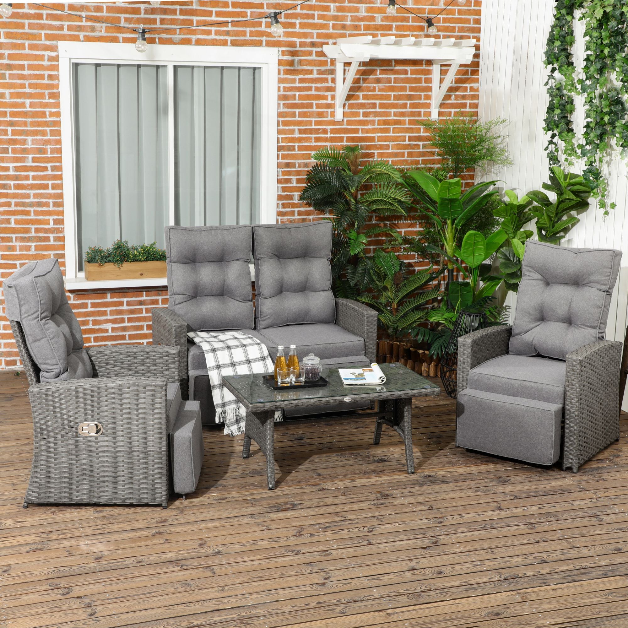 Outsunny 4 Piece Rattan Garden Furniture Sets, 4 Seater Outdoor Sofa Sectional with Wicker Sofa, Reclining Armchair and Glass Table for Yard, Poolside, Grey - North Peak Garden Furniture