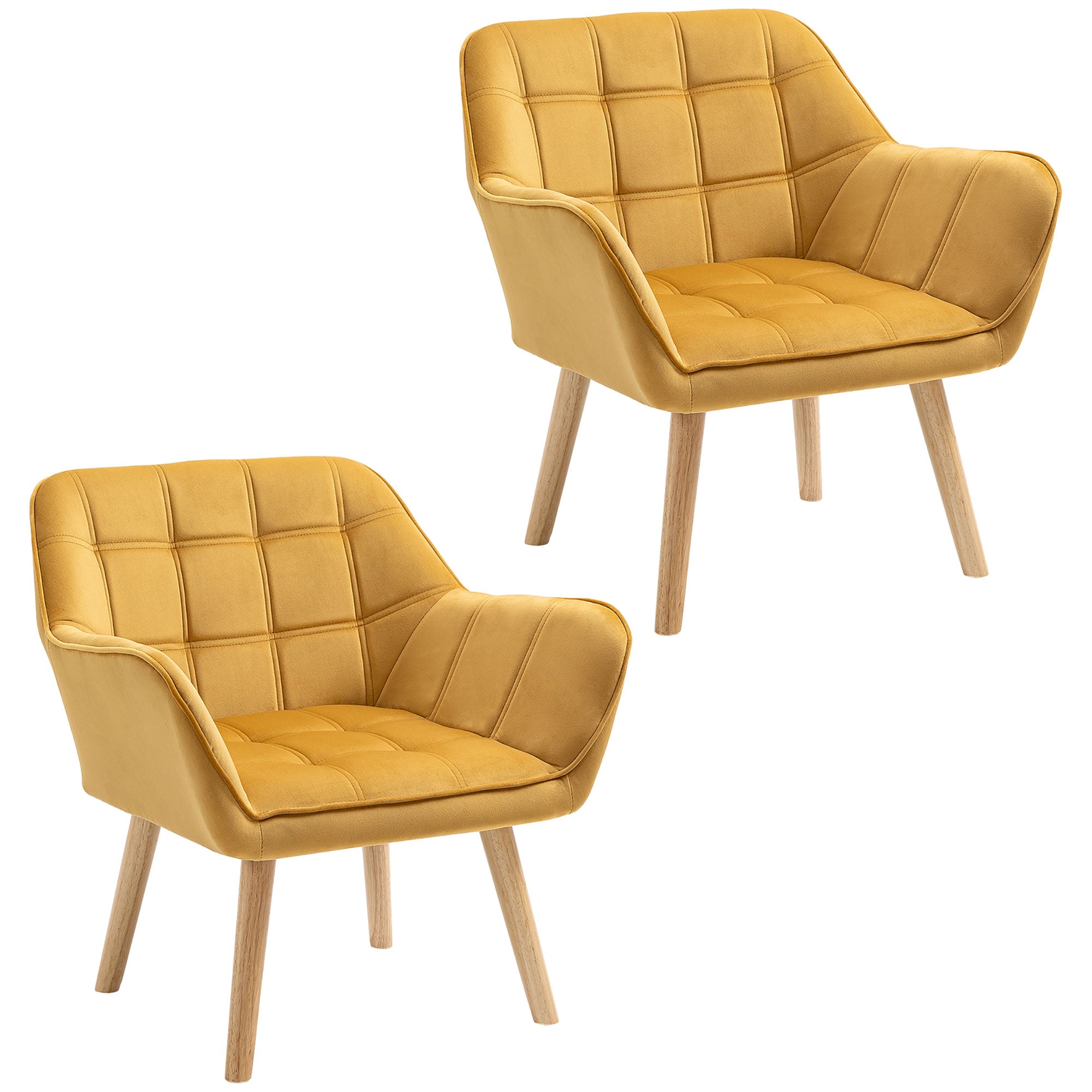 HOMCOM Armchair Accent Chair, Vanity Chair with Wide Arms, Slanted Back, Padding, Metal Frame, Wooden Legs, Home Bedroom Furniture Seating, Set of 2, Yellow - North Peak Garden Furniture