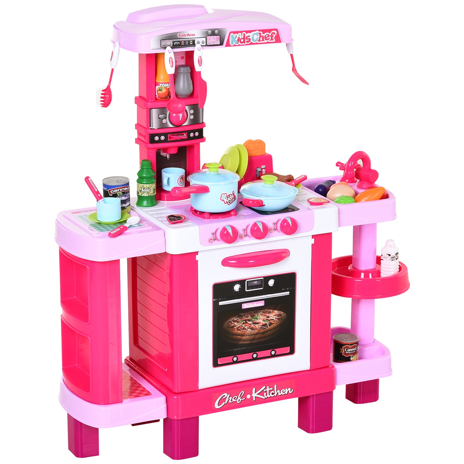 HOMCOM 38 Pcs Kids Children Kitchen Play Set w/ Realistic Sounds Lights Food Utensils Pots Pans Appliances Toy Game Pink - North Peak Garden Furniture