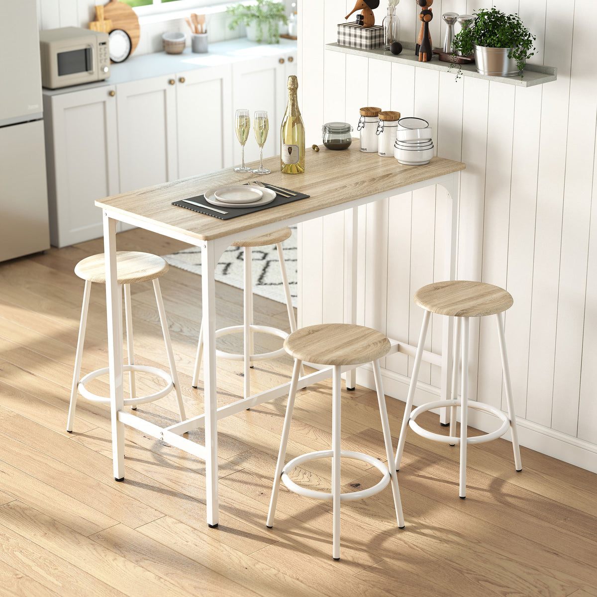 HOMCOM 5 Piece Bar Table Set for 4 with Stools, Metal Frame, Footrest for Kitchen Natural Wood