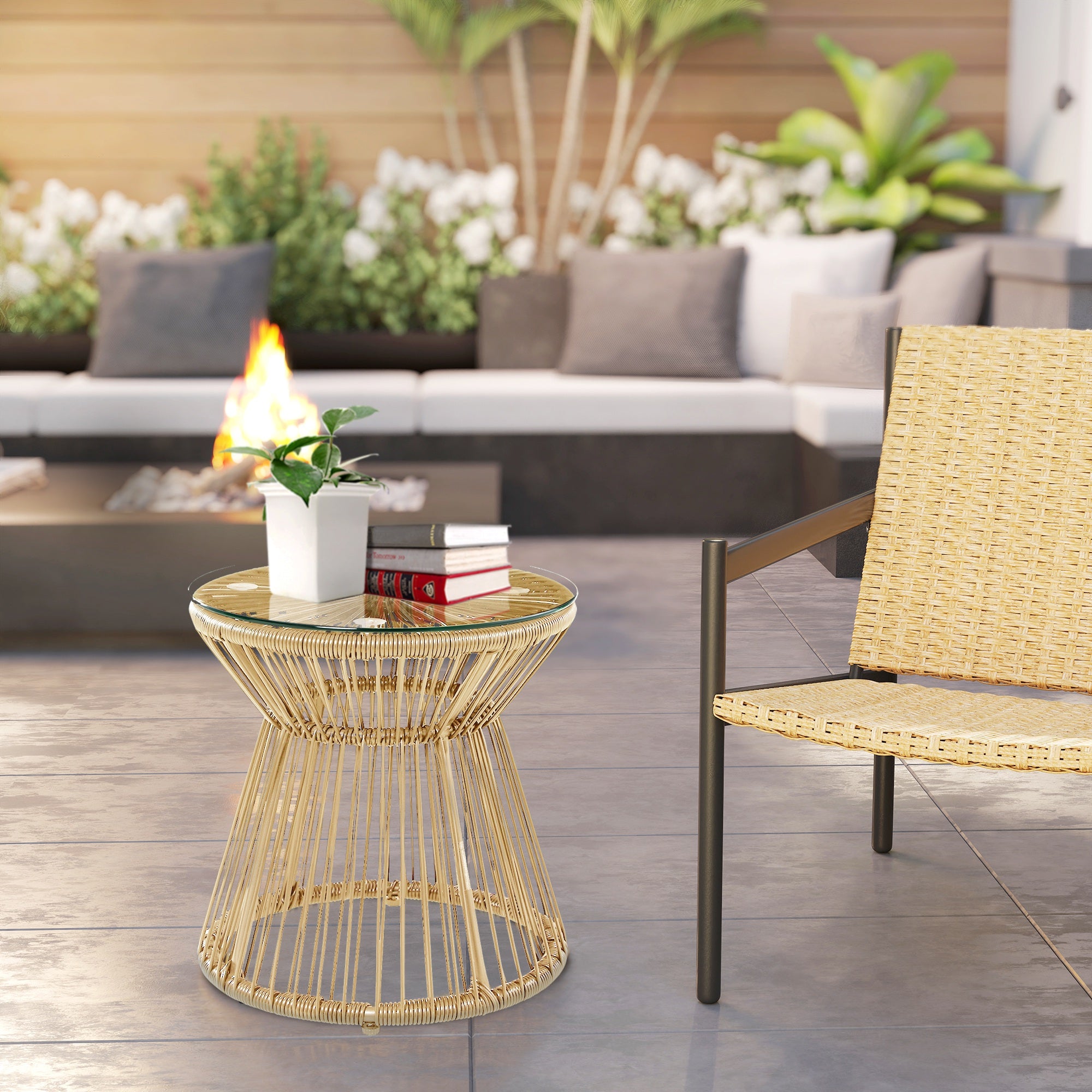 Outsunny Round End Table, Rattan Side Table, Hollow Drum Design Coffee Table w/ Glass Tabletop for Patio, Garden, Balcony Natural