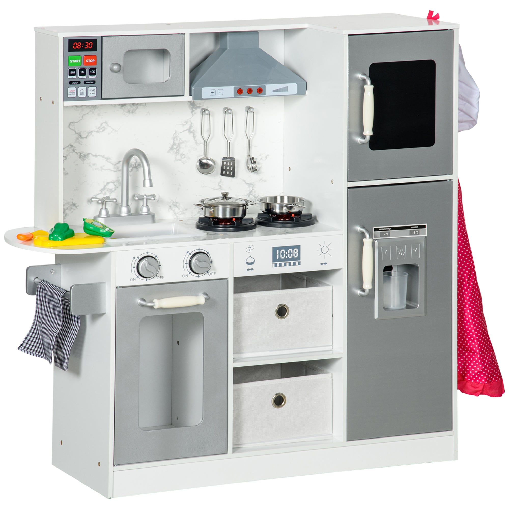 AIYAPLAY Toy Kitchen with Lights, Sounds, Apron and Chef Hat, Ice Maker, Microwave, for Ages 3-6 Years - White - North Peak Garden Furniture
