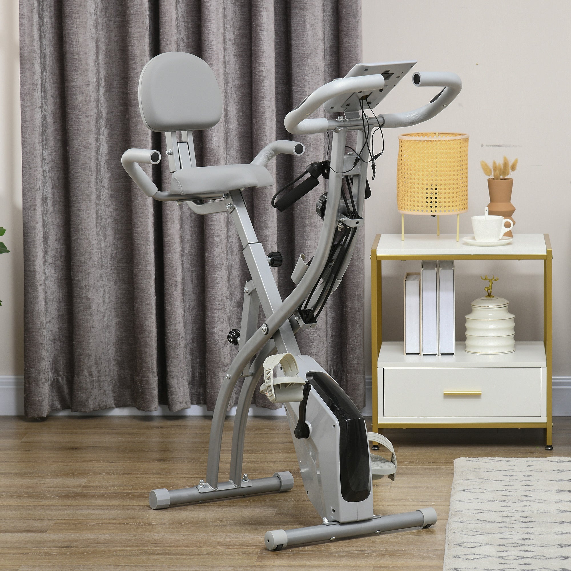 HOMCOM 2-in-1 Folding Exercise Bike with 8-Level Magnetic Resistance, Arm Resistance Band, Pulse Sensor, Grey - North Peak Garden Furniture