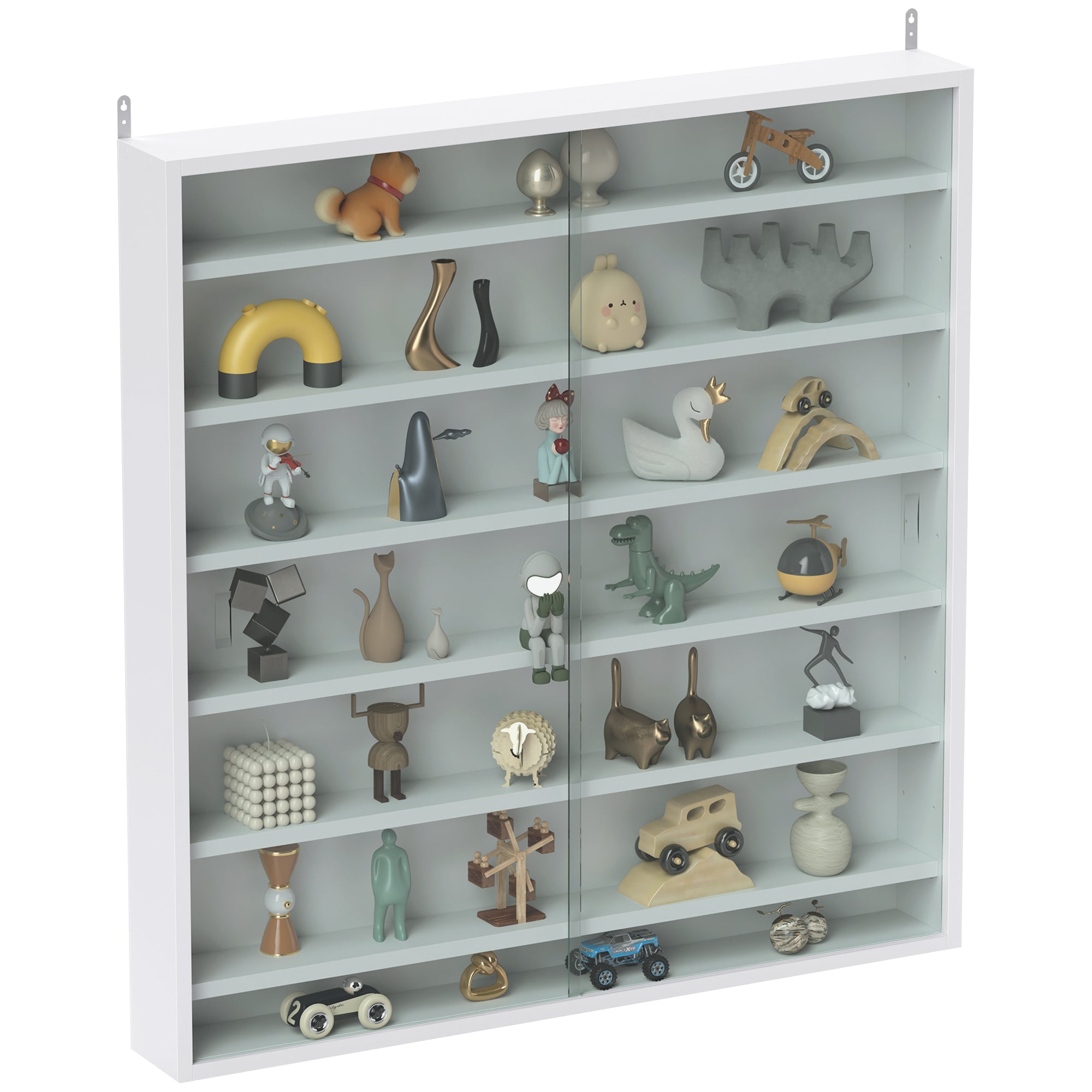 HOMCOM 7-Tier Wall Display Shelf Unit Cabinet w/ 6 Adjustable Shelves Glass Doors Home Office Ornaments 83x80cm, White - North Peak Garden Furniture