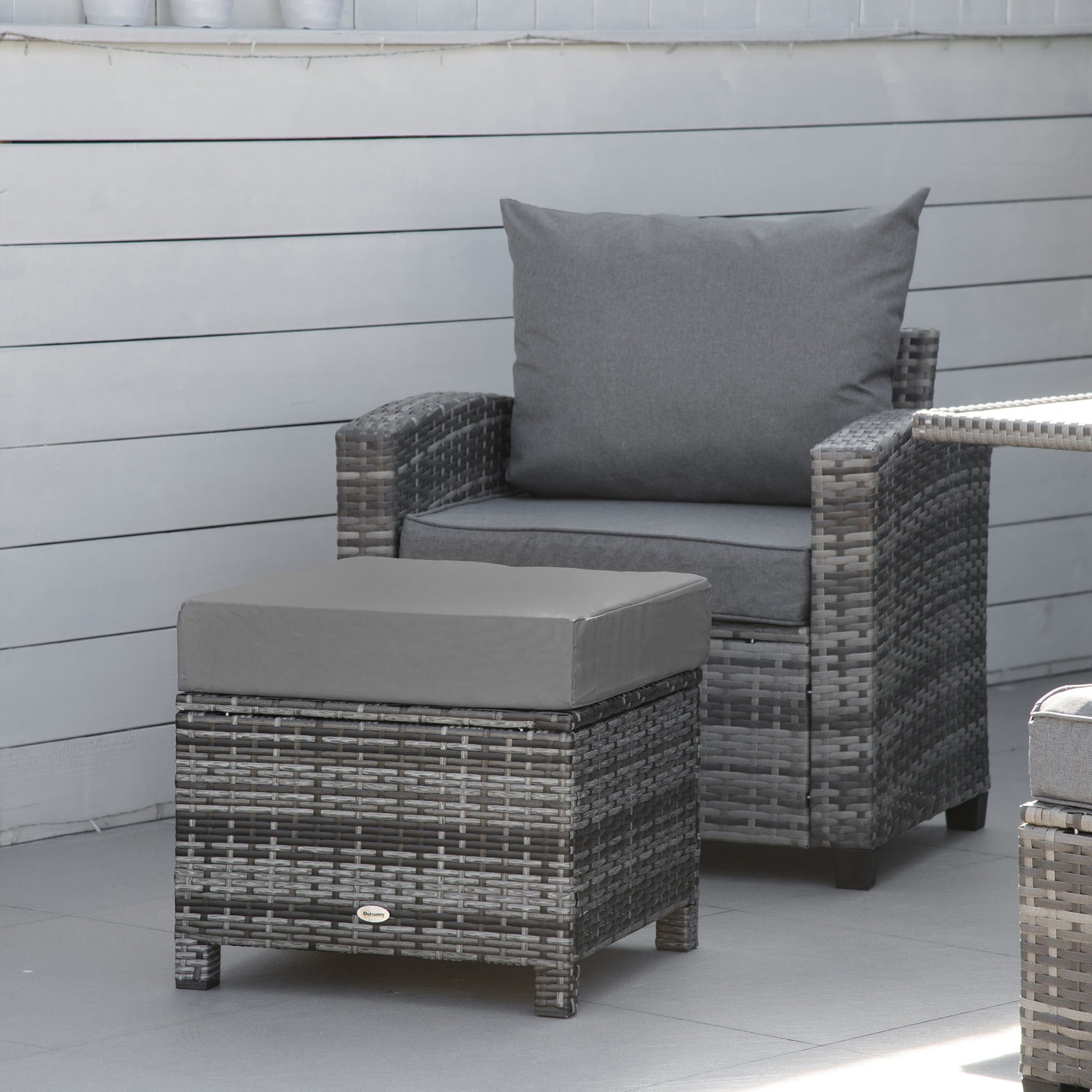 Outsunny Rattan Footstool Wicker Ottoman with Padded Seat Cushion Outdoor Patio Furniture for Garden Poolside Living Room, 50 x 50 x 35 cm, Grey - North Peak Garden Furniture