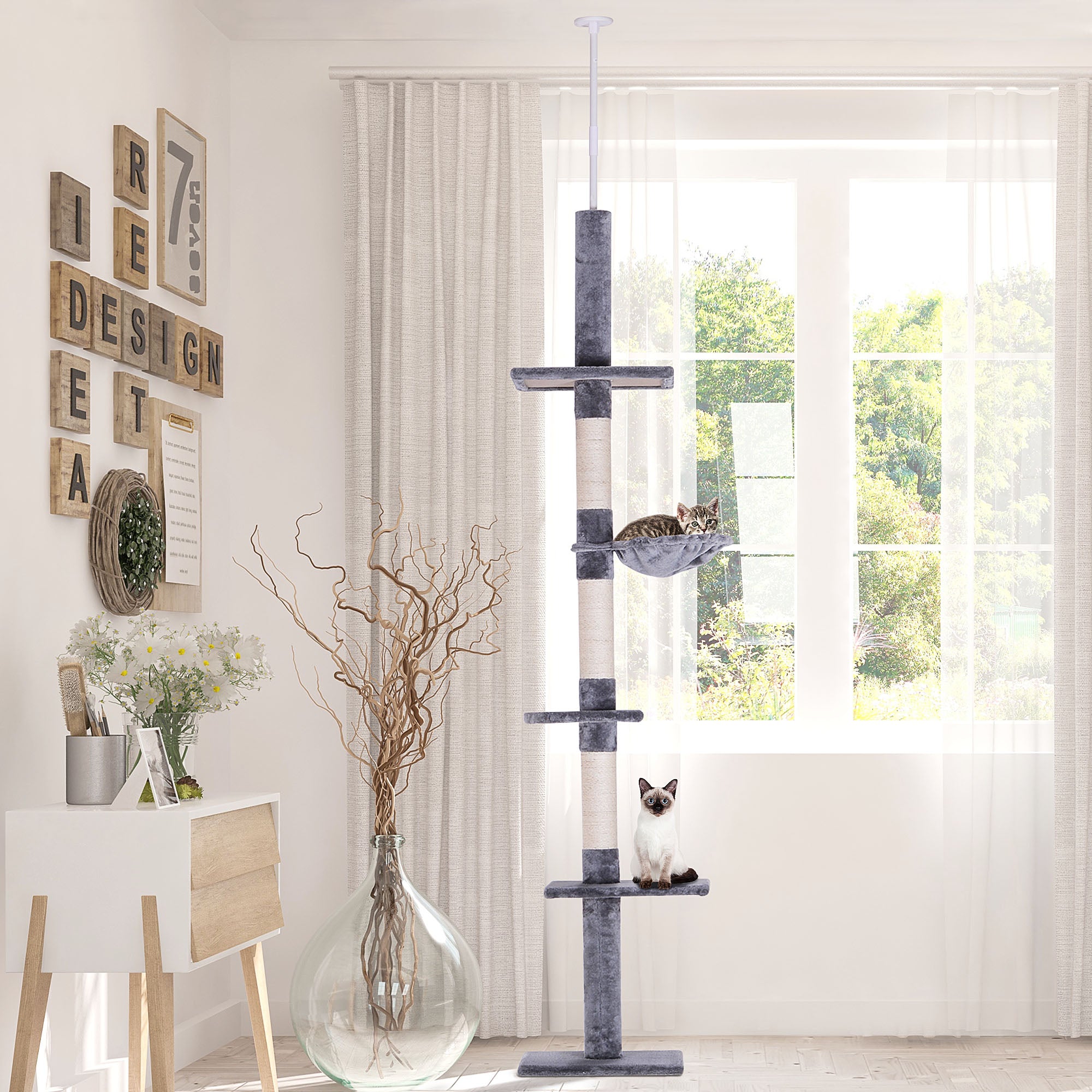 PawHut Floor to Ceiling Cat Tree for Indoor Cats 5-Tier Kitty Tower Climbing Activity Center Scratching Post Adjustable Height 230-260 cm Grey - North Peak Garden Furniture
