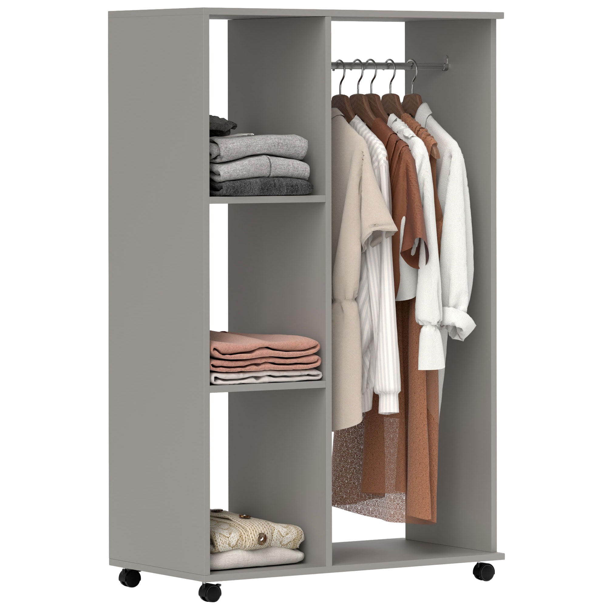 HOMCOM Open Wardrobe on Wheels with Clothes Rail, Bedroom Clothes Storage with Hanging Rod, 3 Storage Shelves, Mobile Garment Rack for Cloakroom, Hallway, Grey - North Peak Garden Furniture