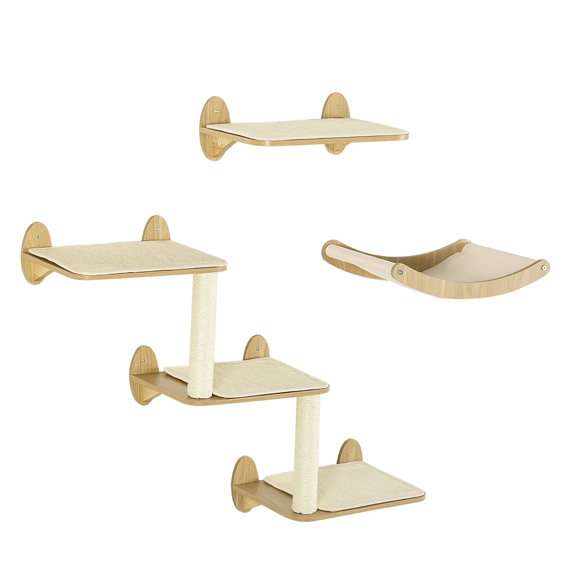 PawHut 3PCs Wall-Mounted Cat Shelves, with Jumping Platforms, Hammock, Scratching Post - Oak Tone - North Peak Garden Furniture