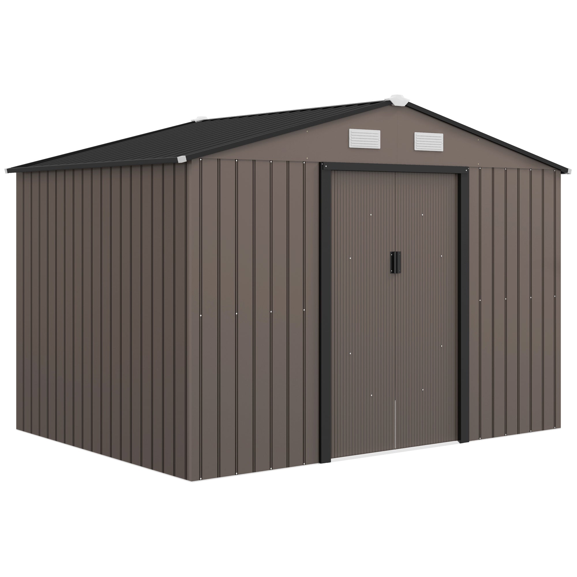 Outsunny 9 x 6ft Metal Garden Shed, Outdoor Storage Tool House with Ventilation Slots, Foundation Kit and Lockable Double Doors, Brown - North Peak Garden Furniture