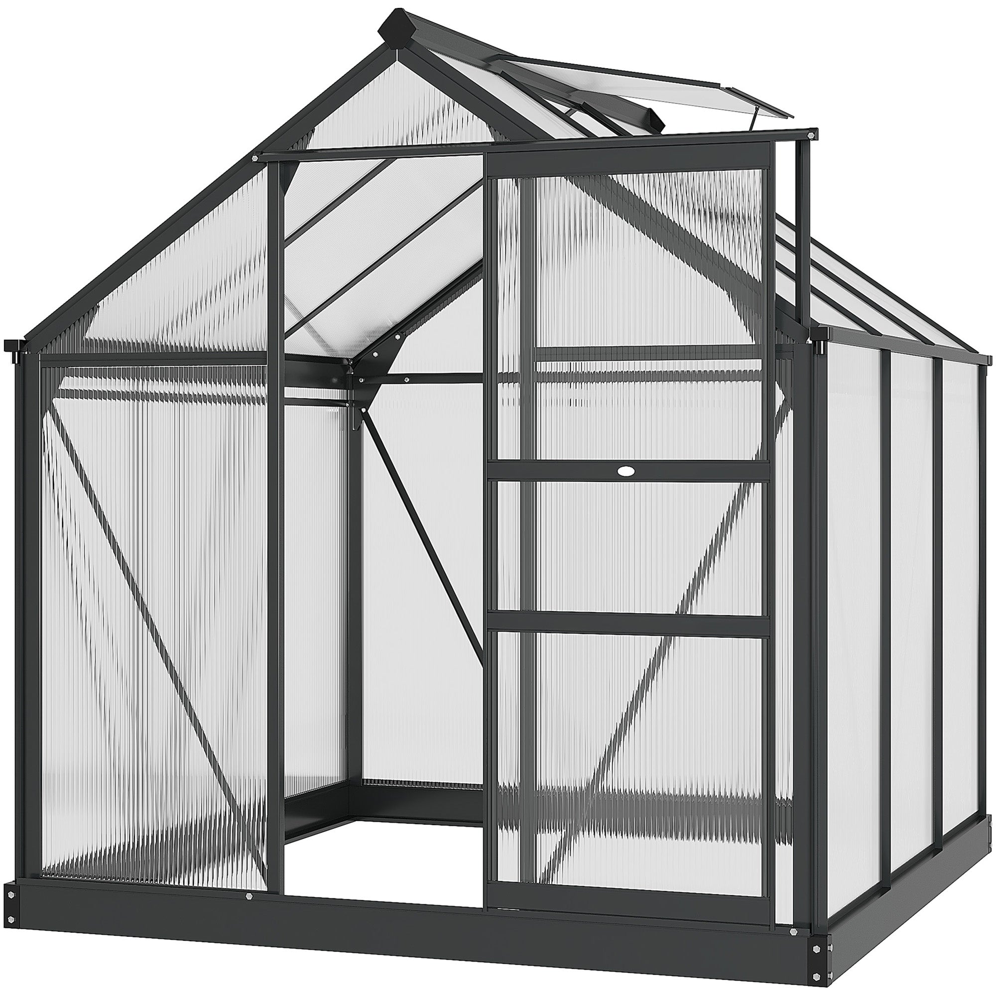 Outsunny 6 x 6ft Polycarbonate Greenhouse, Large Walk-In Green House with Slide Door and Window, Garden Plants Grow House with Aluminium Frame and Foundation, Grey - North Peak Garden Furniture