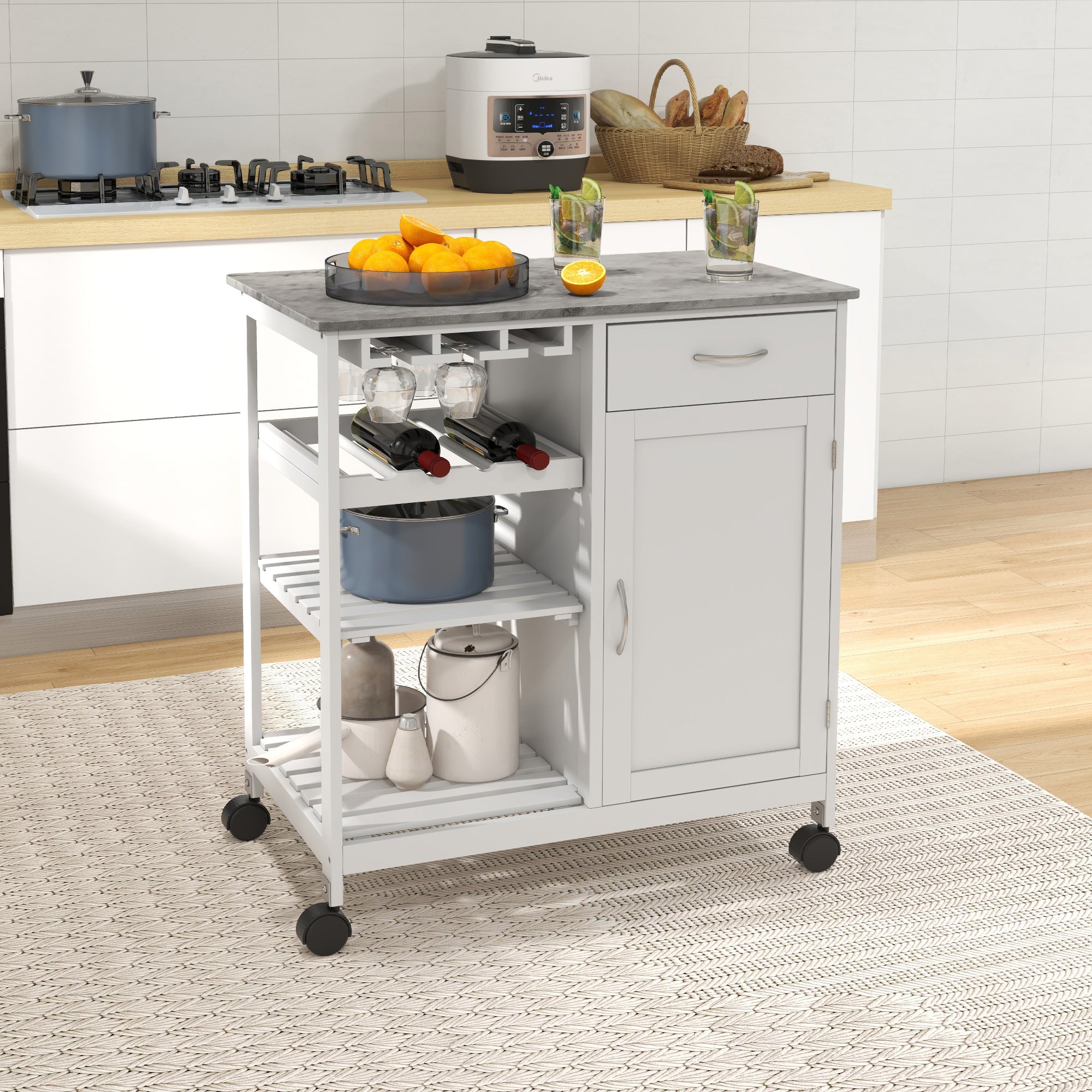 HOMCOM Compact Kitchen Trolley Utility Cart on Wheels with Wine Rack, Drawer, Open Shelf and Storage Cabinet for Dining Room, White - North Peak Garden Furniture