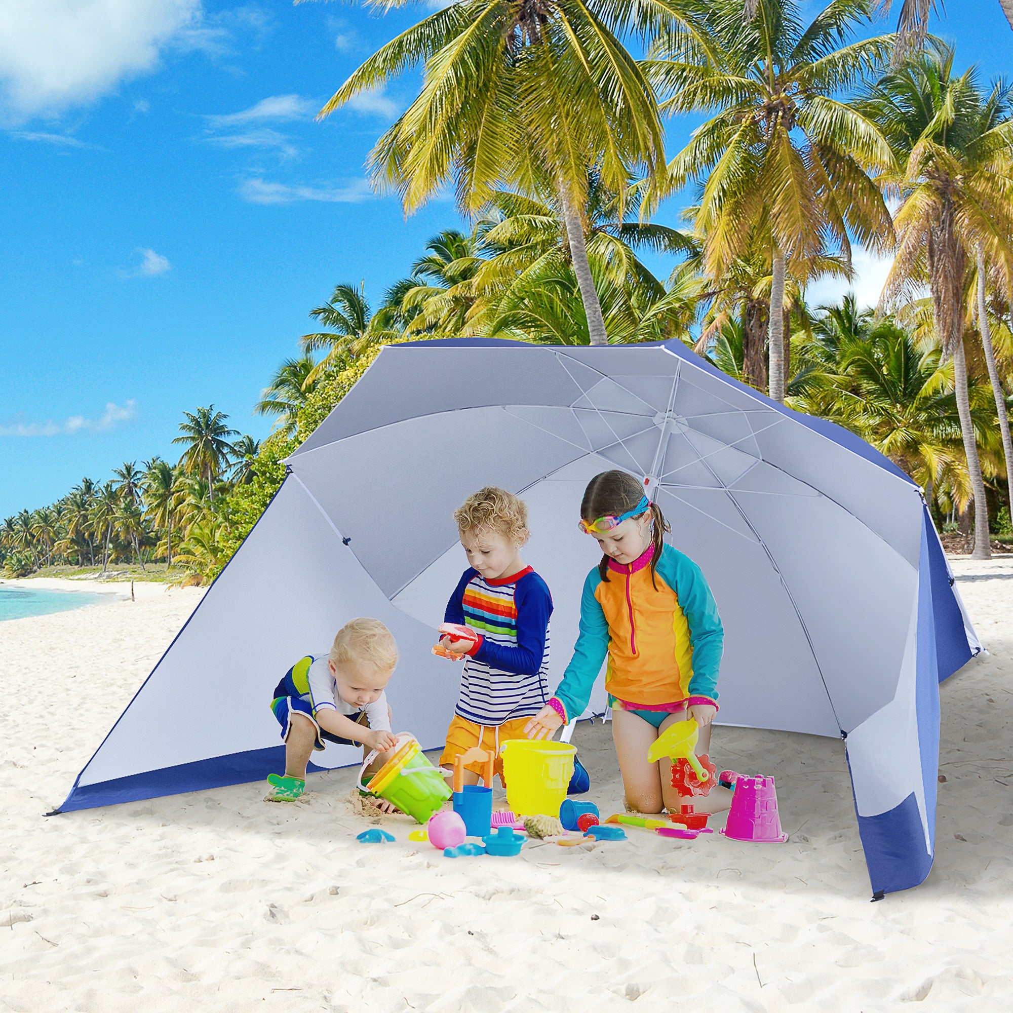 Outsunny 2m UV Protection Fishing Beach Umbrella Brolly Shelter w/ Side Panel Tent Blue - North Peak Garden Furniture
