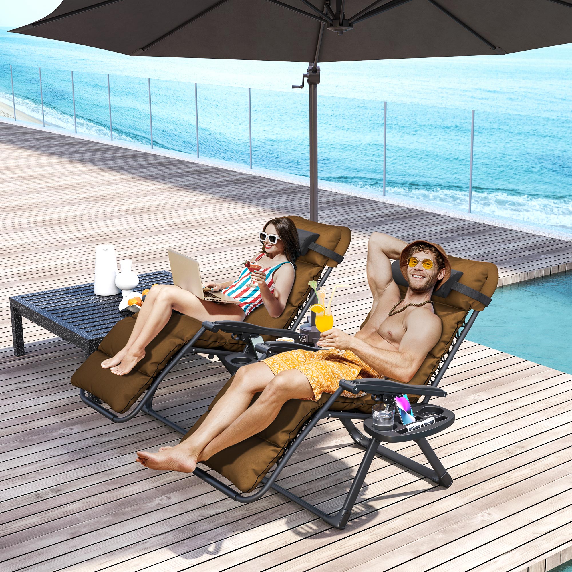 Outsunny Set of Two Reclining Sun Loungers, with Cushion - Brown - North Peak Garden Furniture