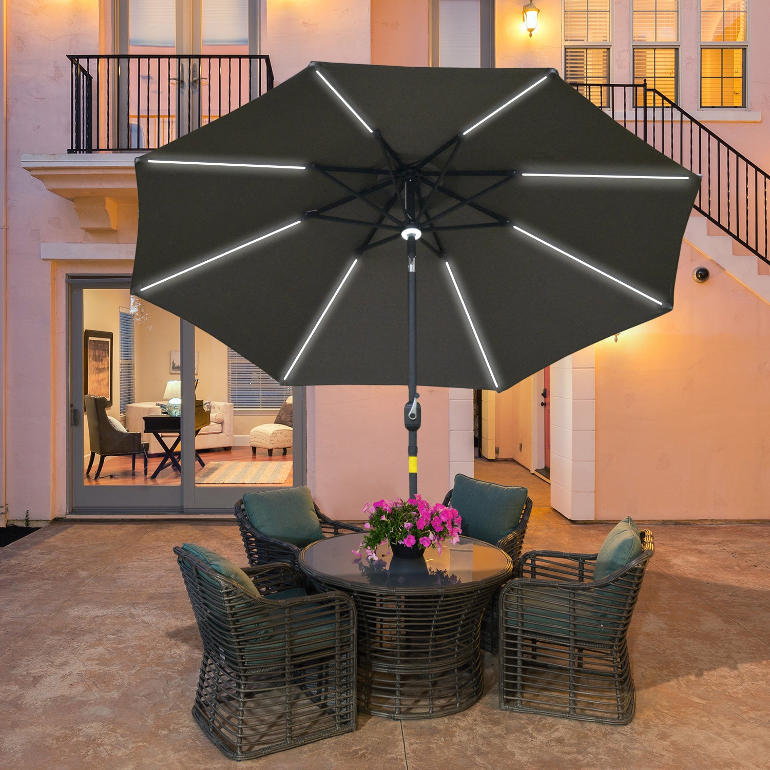 Outsunny 2.7m Garden Parasol Sun Umbrella w/ LED Solar Light Angled Canopy Grey - North Peak Garden Furniture