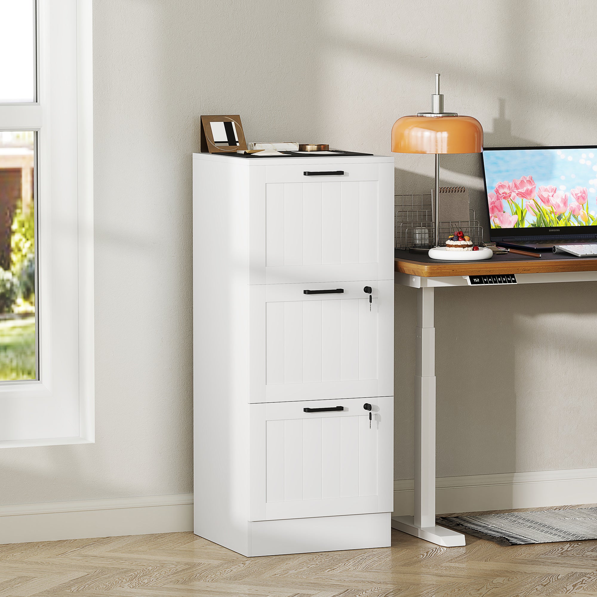 HOMCOM 3 Drawer Filing Cabinet with Lock, Office Storage Cabinet with Adjustable Hanging Bars for A4 Letter Size Files, White