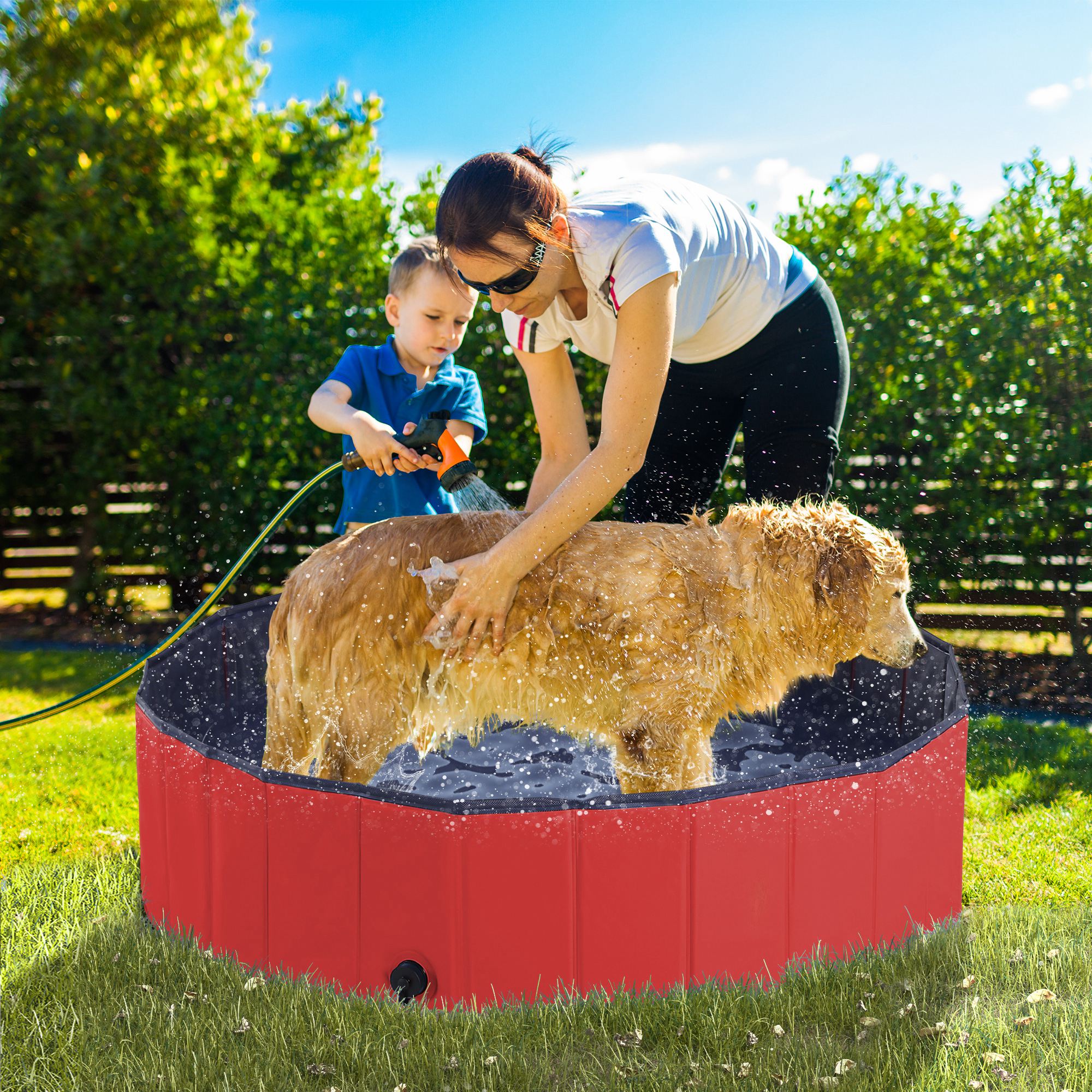 PawHut Foldable Dog Paddling Pool Pet Cat Swimming Pool Indoor/Outdoor Collapsible Summer Bathing Tub Shower Tub Puppy Washer (Φ120 × 30H cm, Red) - North Peak Garden Furniture