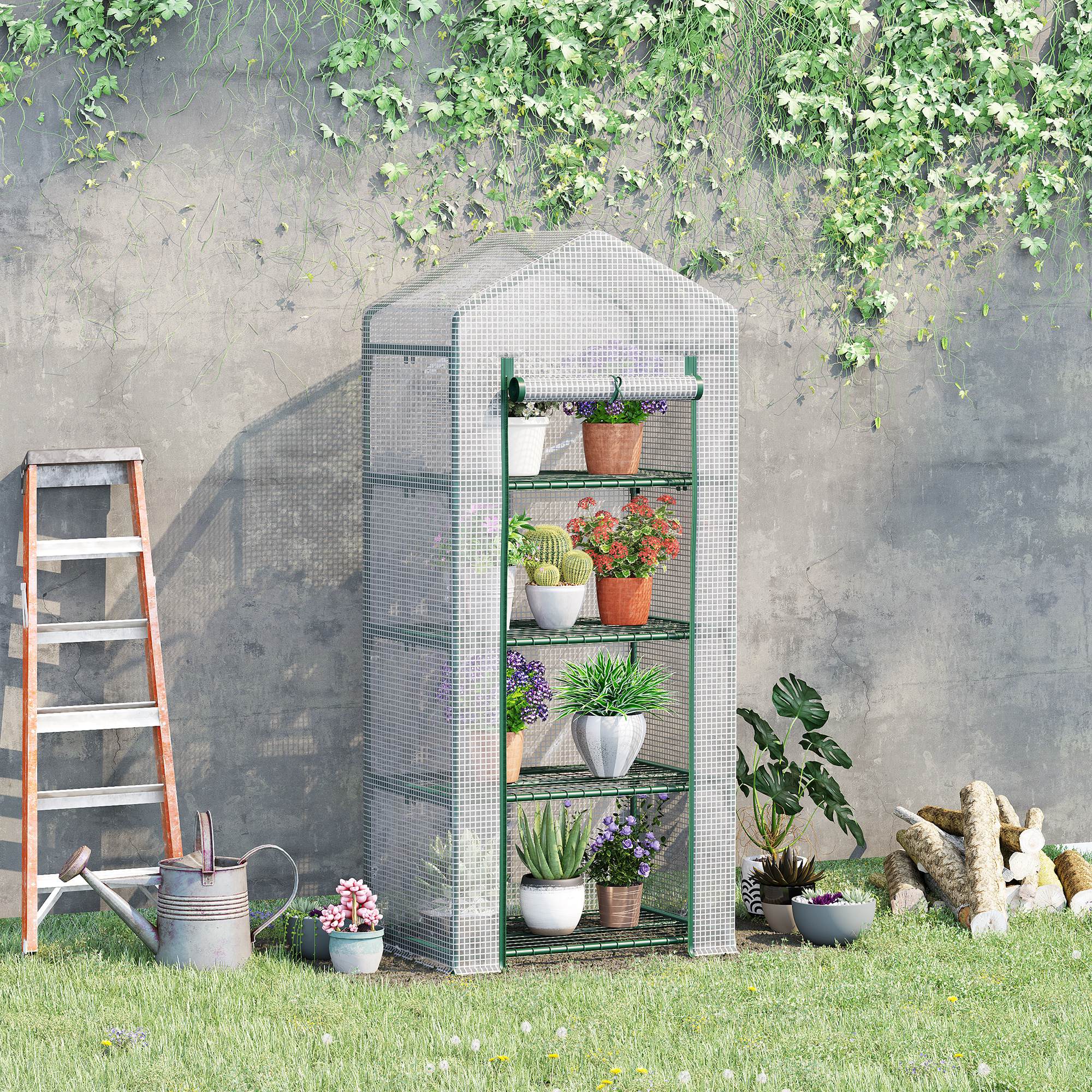 Outsunny 4 Tier Mini Greenhouse, Portable Compact Green House with Steel Frame, PE Cover, Roll-up Door, 70 x 50 x 160 cm, White - North Peak Garden Furniture