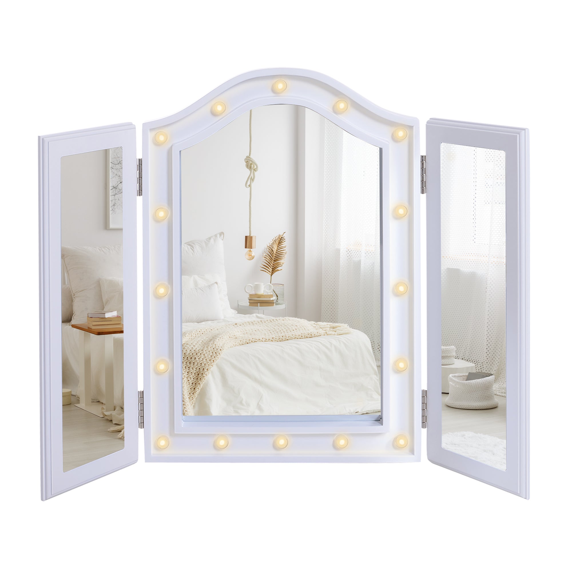HOMCOM Trifold Freestanding Mirror, Lighted Tabletop Vanity Mirror Large Cosmetic w/16 LED Lights powered by batteries Foldable For Bedroom- White - North Peak Garden Furniture