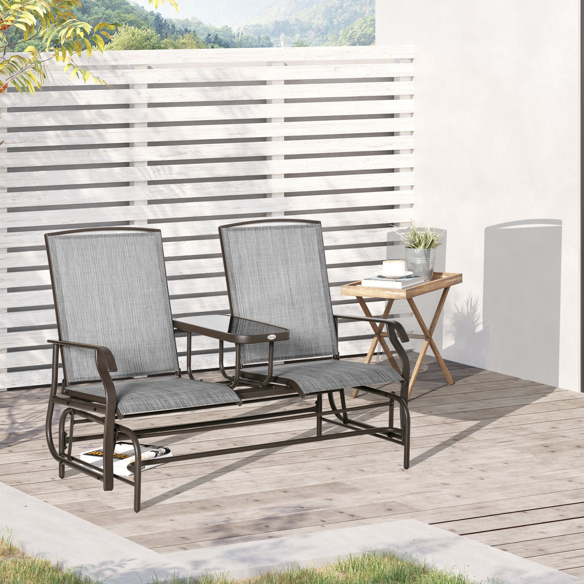 Outsunny 2 Seats Garden Glider Bench, Metal Frame Loveseat with Glass Top Centre Table, Porch Rocking Glider for 2 Person, for Deck, Patio, Brown/ Grey - North Peak Garden Furniture