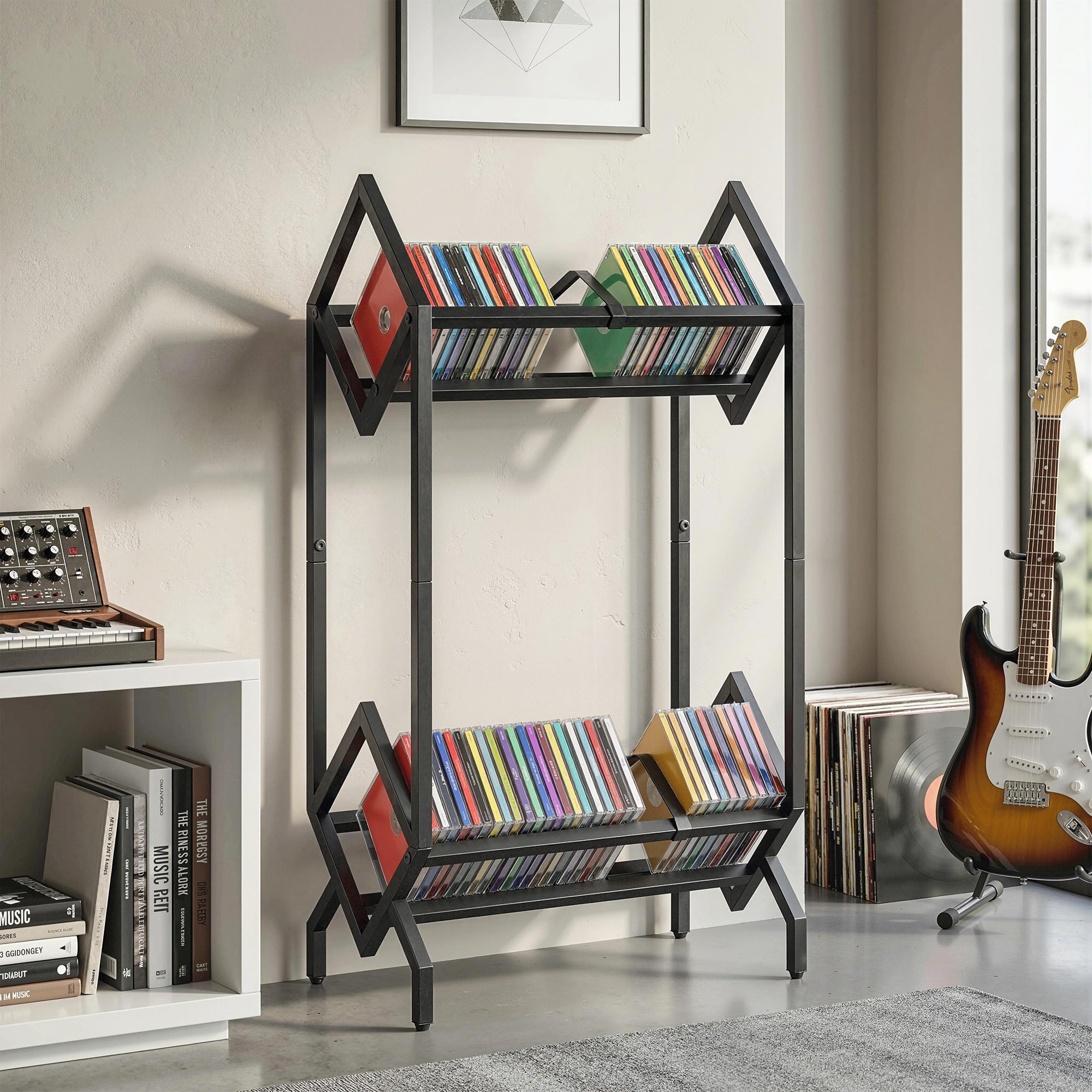 HOMCOM 50 CD Storage Rack, 2-Tier Metal CD Storage Unit, Free Standing, Easy to Assemble, Black