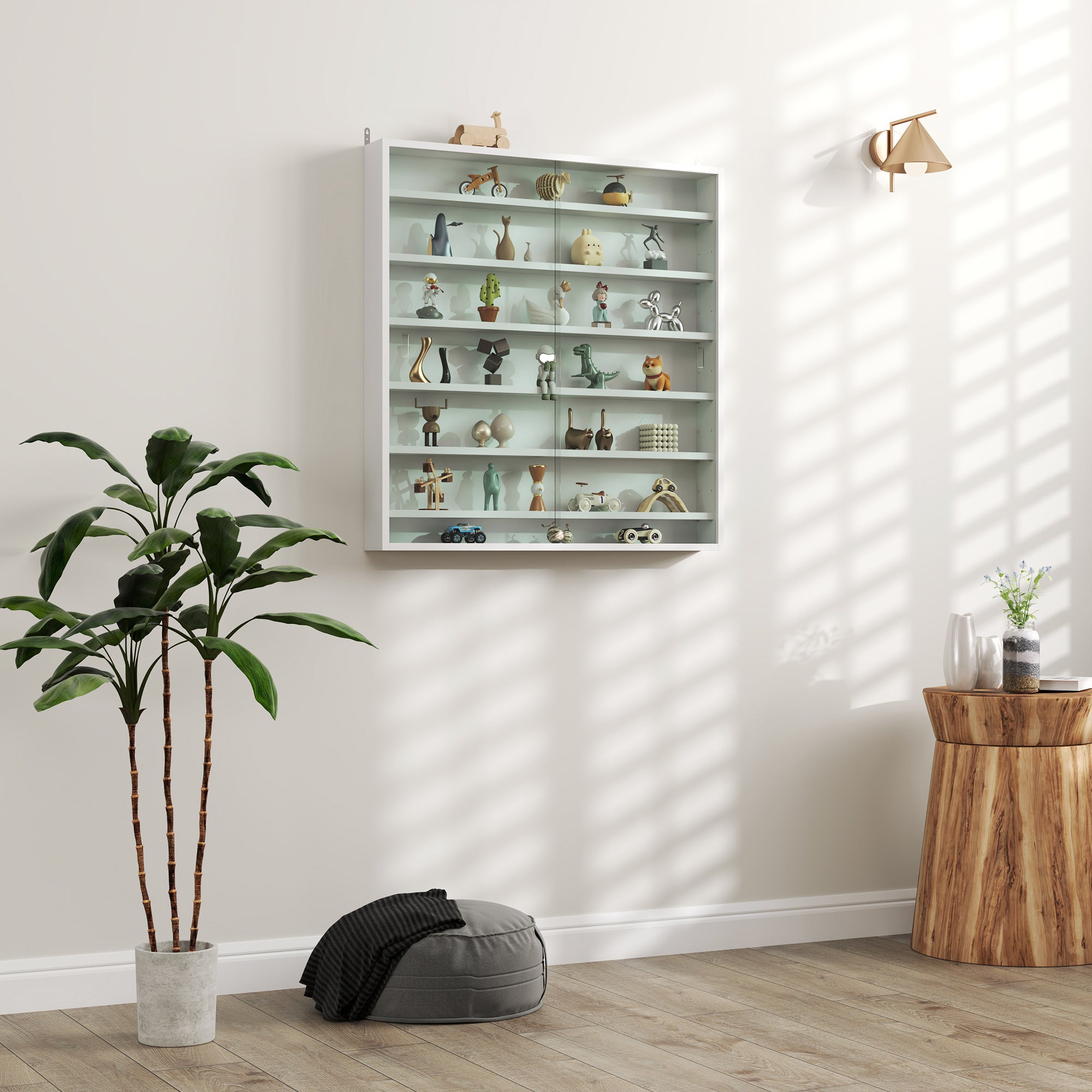HOMCOM 7-Tier Wall Display Shelf Unit Cabinet w/ 6 Adjustable Shelves Glass Doors Home Office Ornaments 83x80cm, White - North Peak Garden Furniture