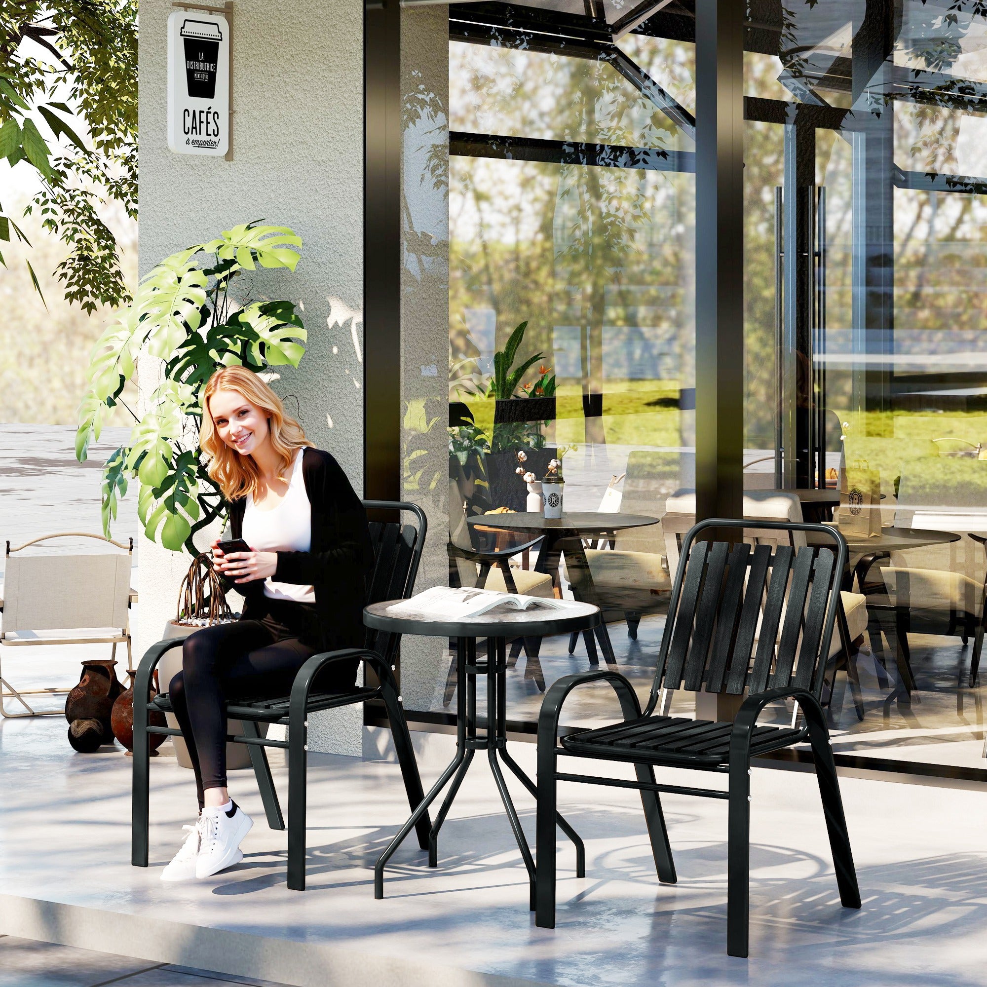 Outsunny 3 Pieces Patio Bistro Set with Stackable Chairs, Tempered Glass Table, for Outdoor, Balcony, Patio, Garden Charcoal Grey - North Peak Garden Furniture