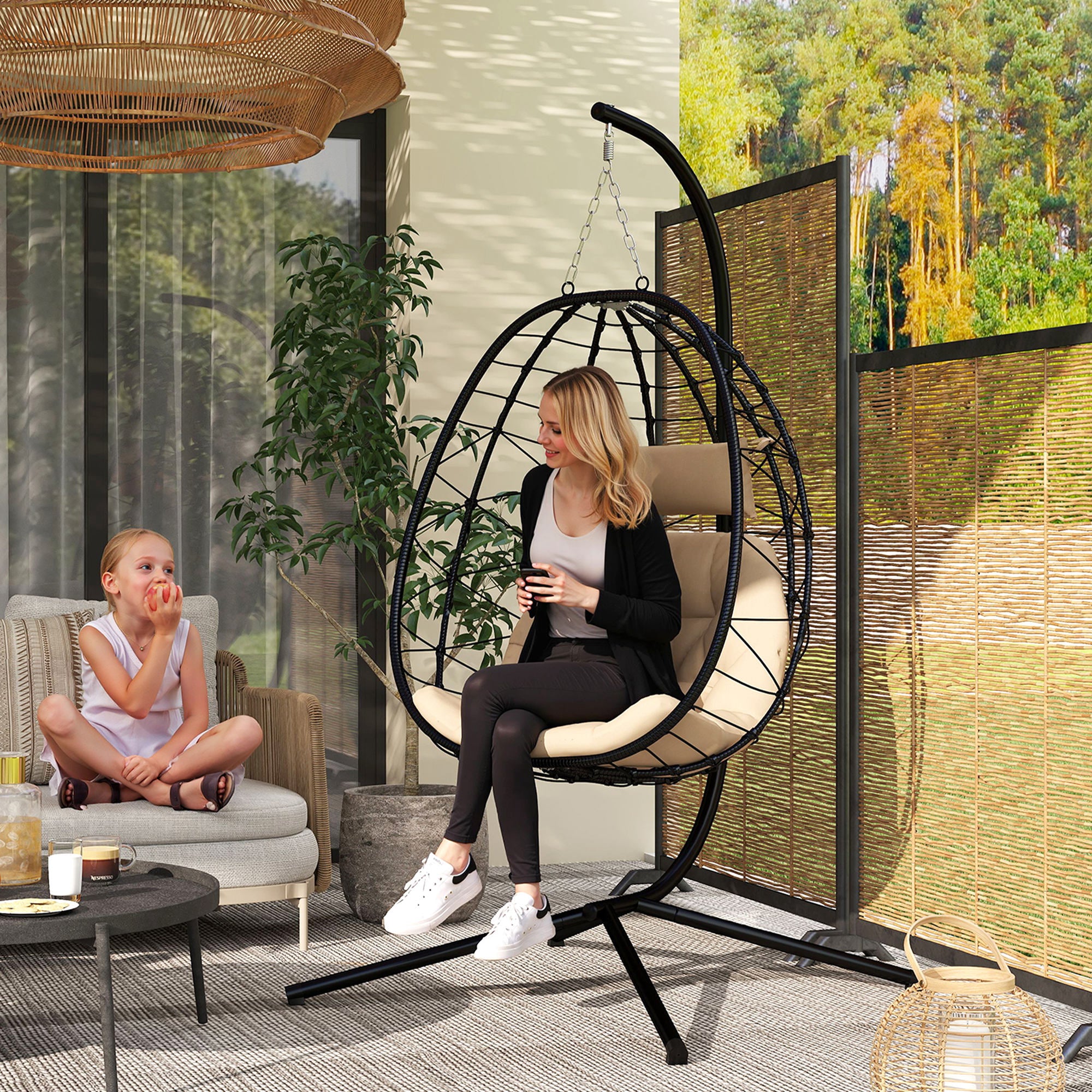 Outsunny Hanging Egg Chair Outdoor Indoor Garden Swing Chair with Folding Basket, Thickened Cushion, Garden Hanging Chair with Stand, Headrest for Patio, Balcony, Khaki - North Peak Garden Furniture