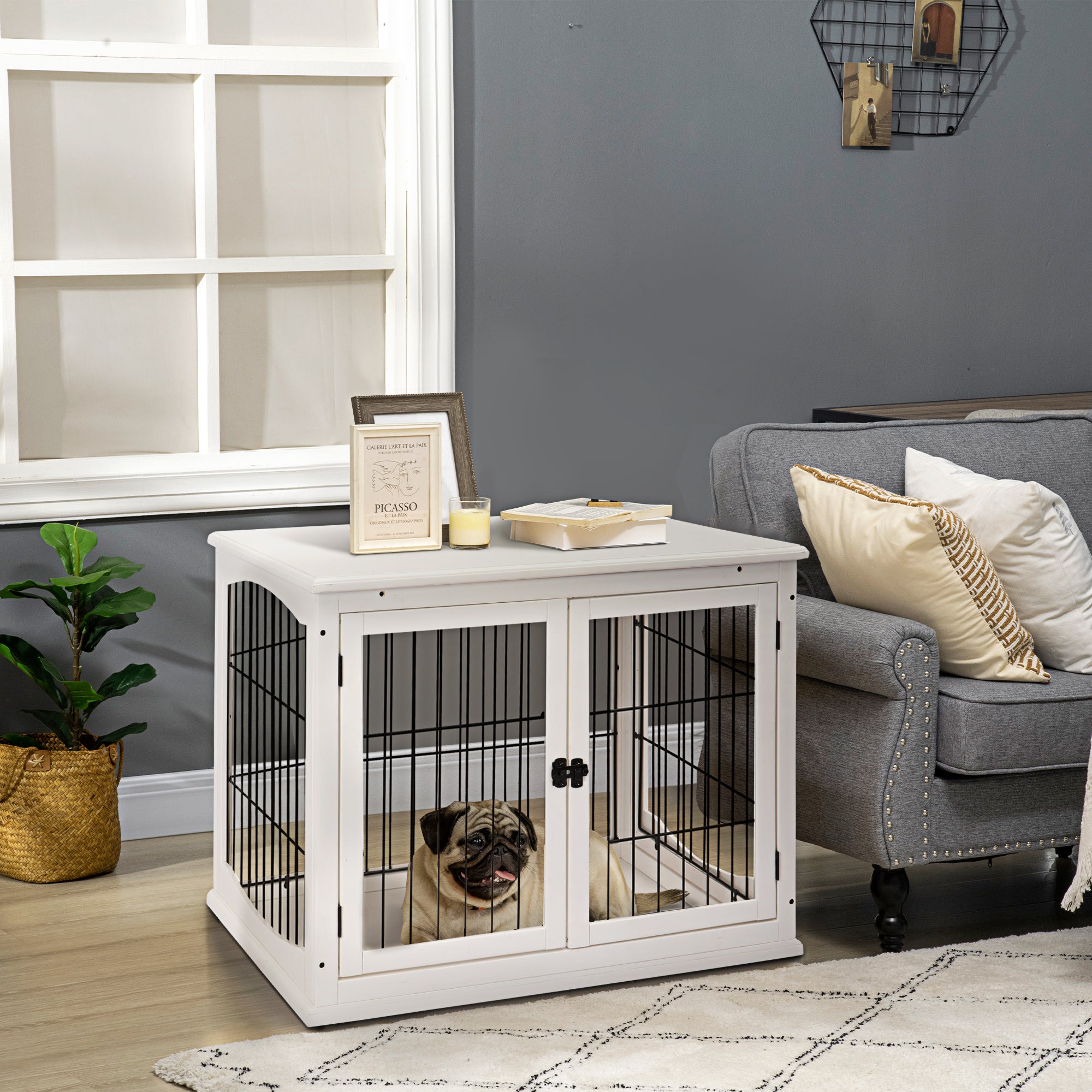 PawHut Dog Crate, Furniture Style Puppy Cage End Table, Pet Kennel House with 3 Doors for Small Dog, White 81 x 58.5 x 66 cm - North Peak Garden Furniture
