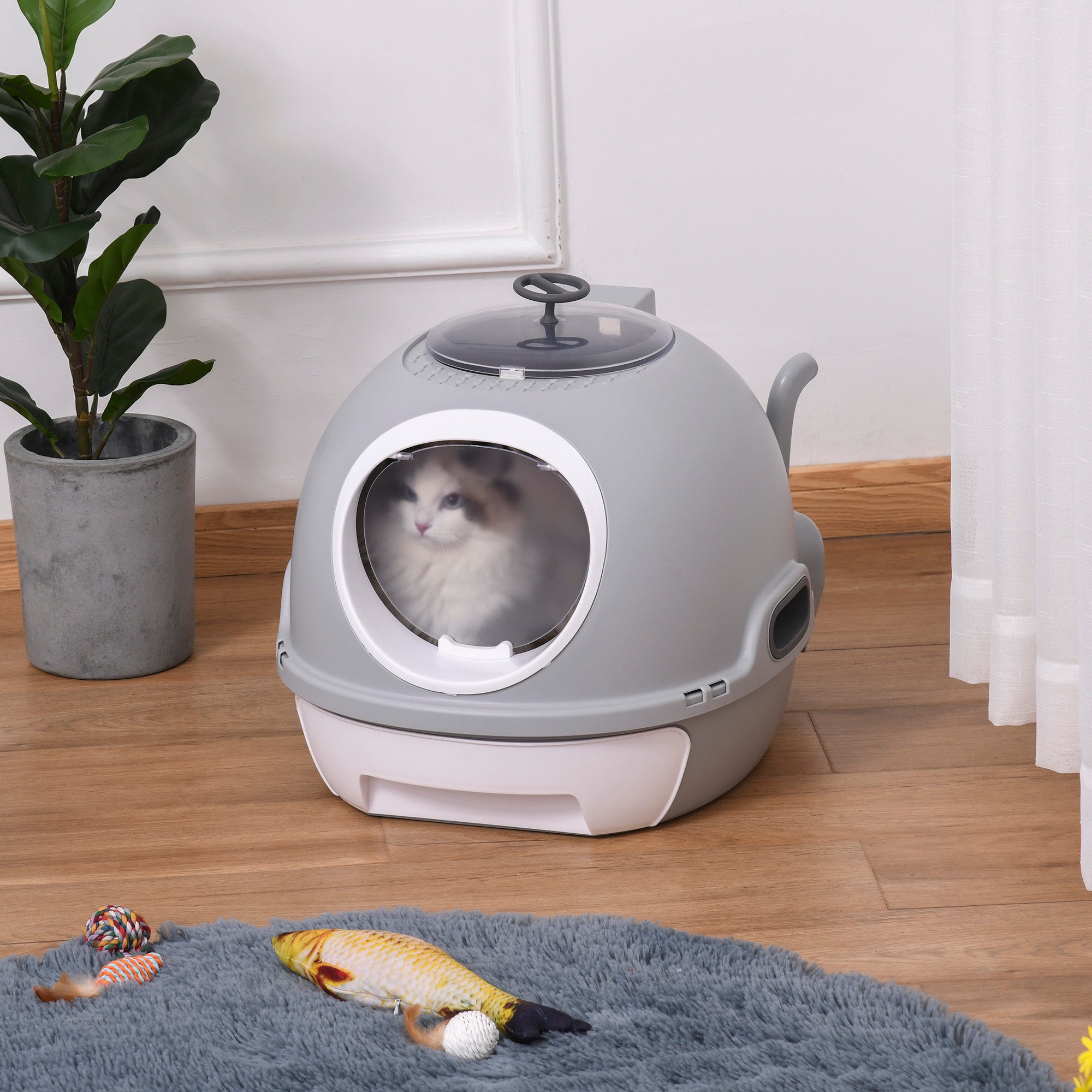 PawHut Cat Litter Box Toilet with Litter Scoop Enclosed Drawer, Front Entry Top Exit, Easy To Clean Grey - North Peak Garden Furniture