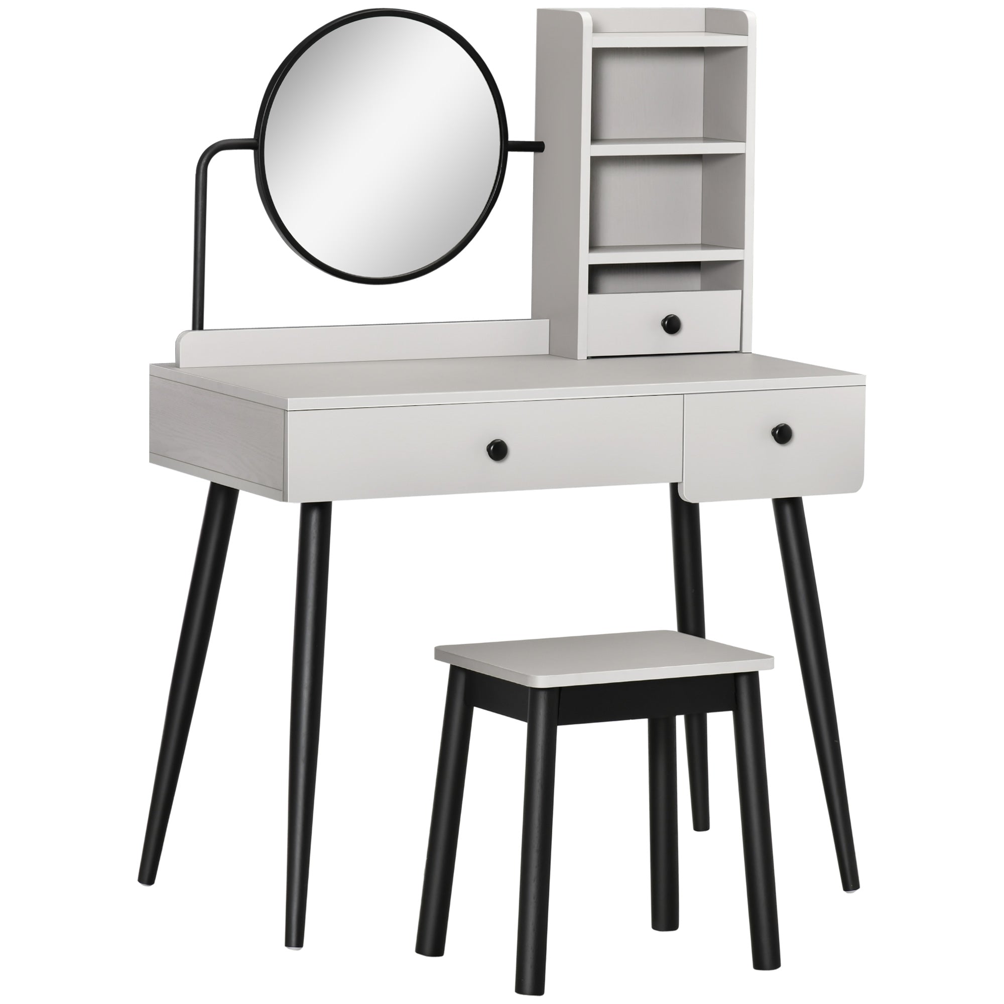 HOMCOM Dressing Table Set with Mirror and Stool, Vanity Makeup Table with 3 Drawers and Open Shelves for Bedroom, Living Room, Grey - North Peak Garden Furniture