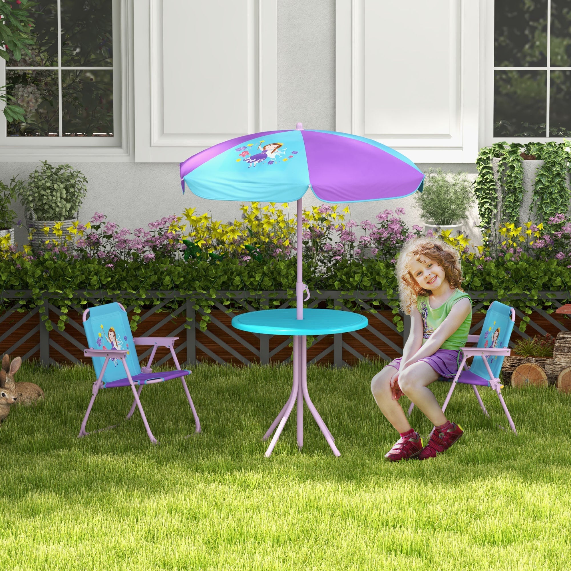 Outsunny Kids Picnic Table and Chair Set, Fairy Themed Outdoor Garden Furniture w/ Foldable Chairs, Adjustable Parasol - North Peak Garden Furniture