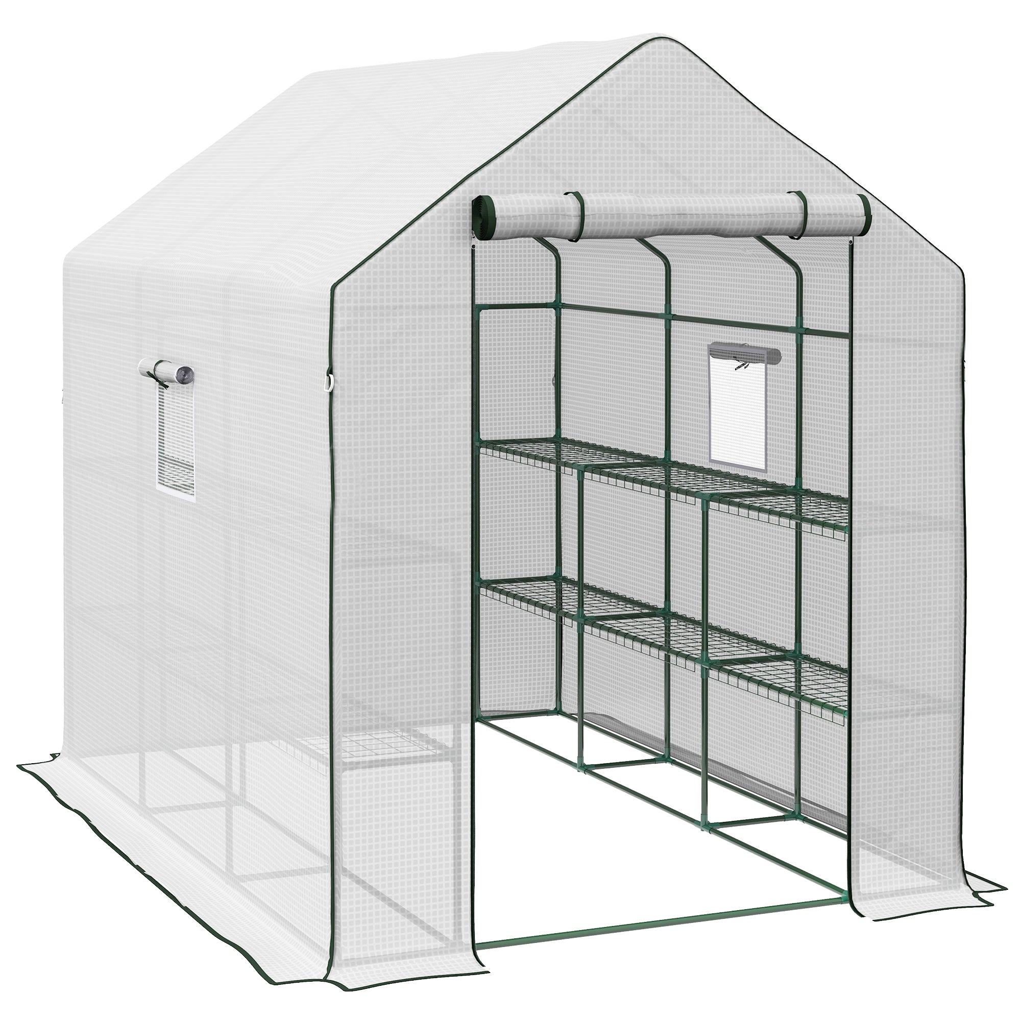 Outsunny Walk-in Greenhouse with 3 Tier Shelves, Outdoor Green House Garden Grow House with Reinforced PE Cover, Roll-up Door and Mesh Windows, 140 x 213 x 190cm, White - North Peak Garden Furniture