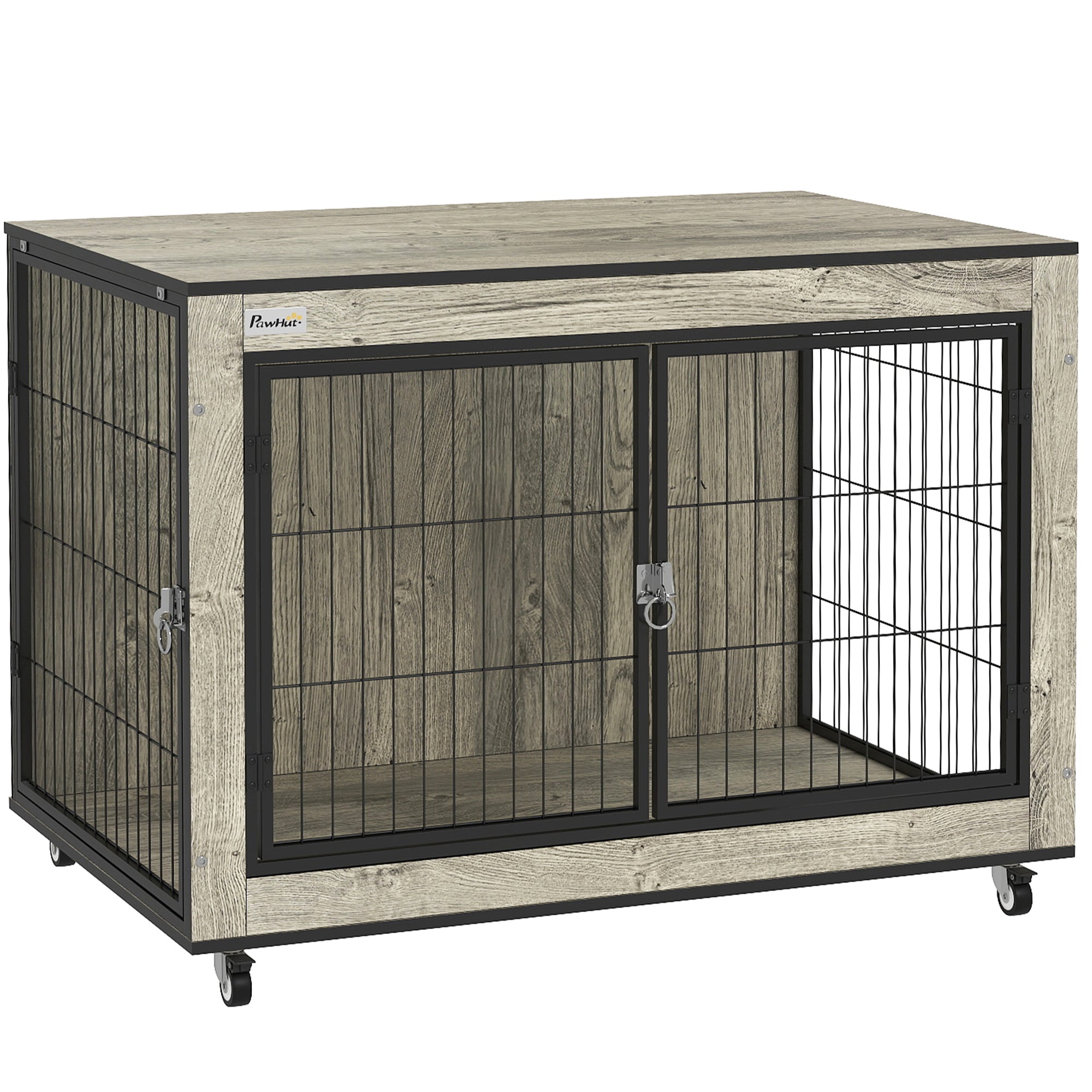 PawHut Dog Crate Furniture with Wheels, Double Doors, for Medium Dogs, 80 x 56 x 62.5cm, Grey - North Peak Garden Furniture