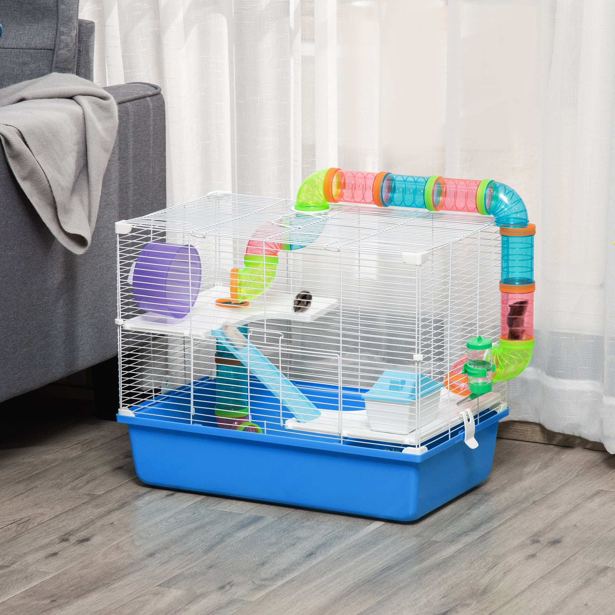 PawHut Hamster Cage with Tubes Tunnel 3 Level Rodent House with Exercise Wheel, Water Bottle, Food Dish, Ramp, Hut 59 x 36 x 47 cm- Blue - North Peak Garden Furniture