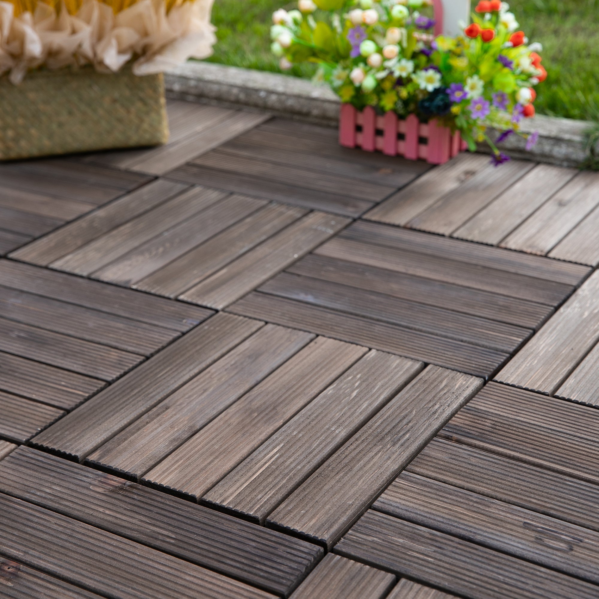 Outsunny 27 Pcs Solid Wood Interlocking Decking Tiles For Patio, Balcony, Roof Terrace, Hot Tub, Black, (30 x 30 cm Per Piece) - North Peak Garden Furniture
