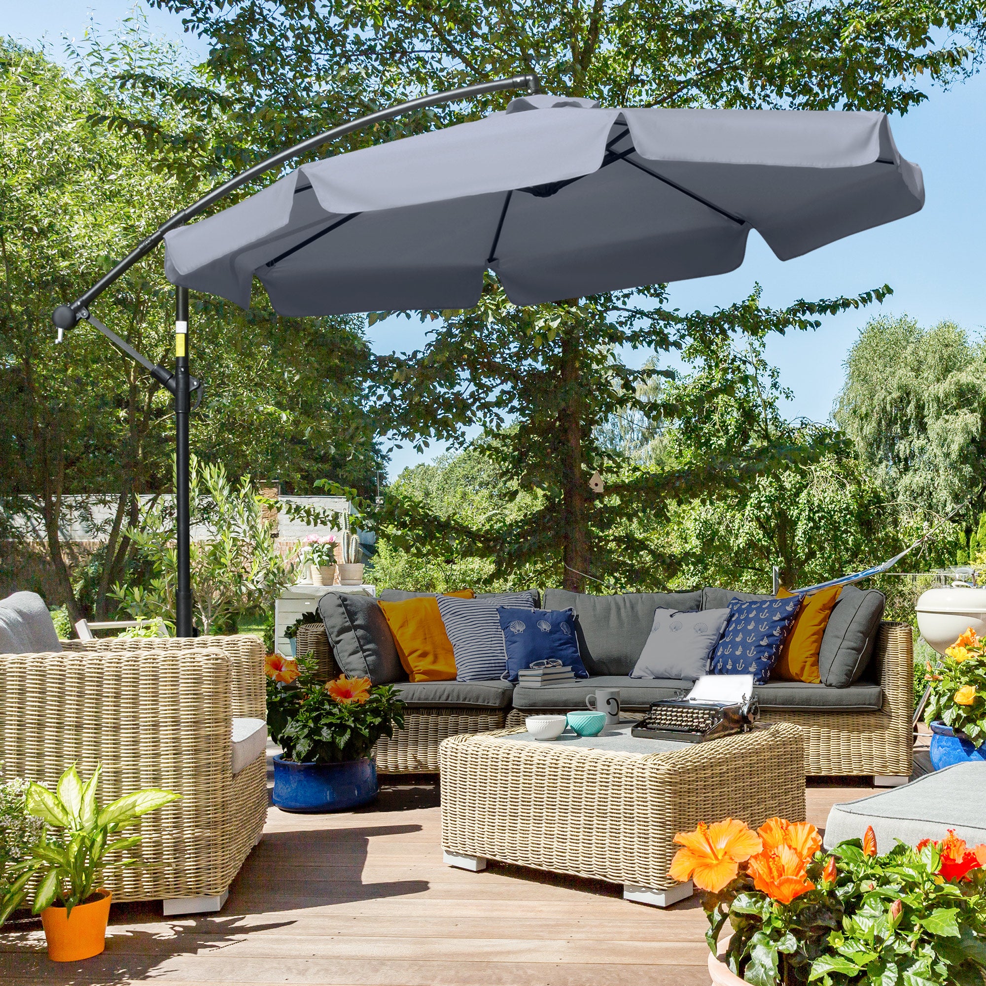 Outsunny 2.7m Garden Banana Parasol Cantilever Umbrella with Crank Handle and Cross Base for Outdoor, Hanging Sun Shade, Dark Grey - North Peak Garden Furniture