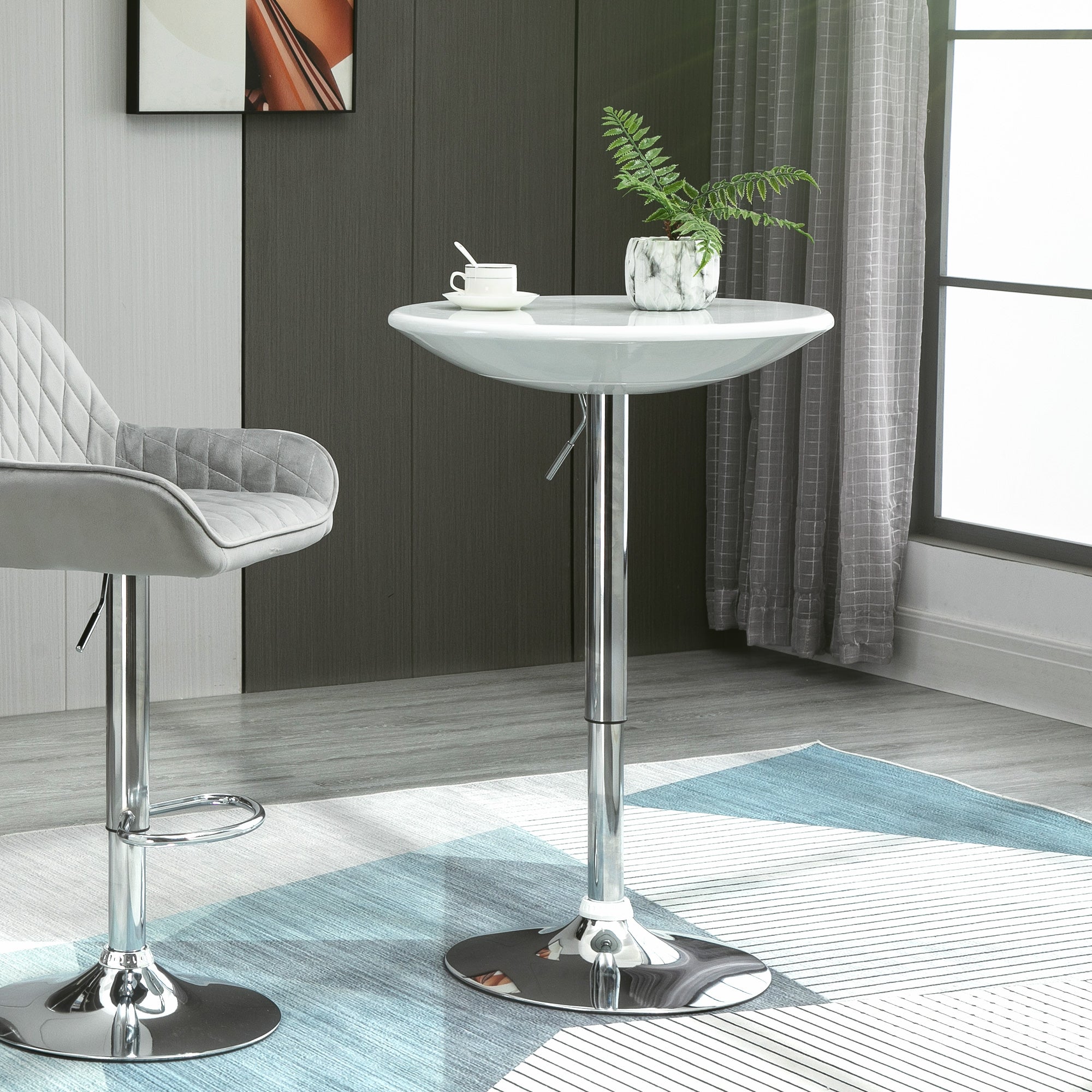 HOMCOM Modern Round Bar Table Adjustable Height Home Pub Bistro Desk Swivel Painted Top with Silver Steel Leg and Base, White - North Peak Garden Furniture
