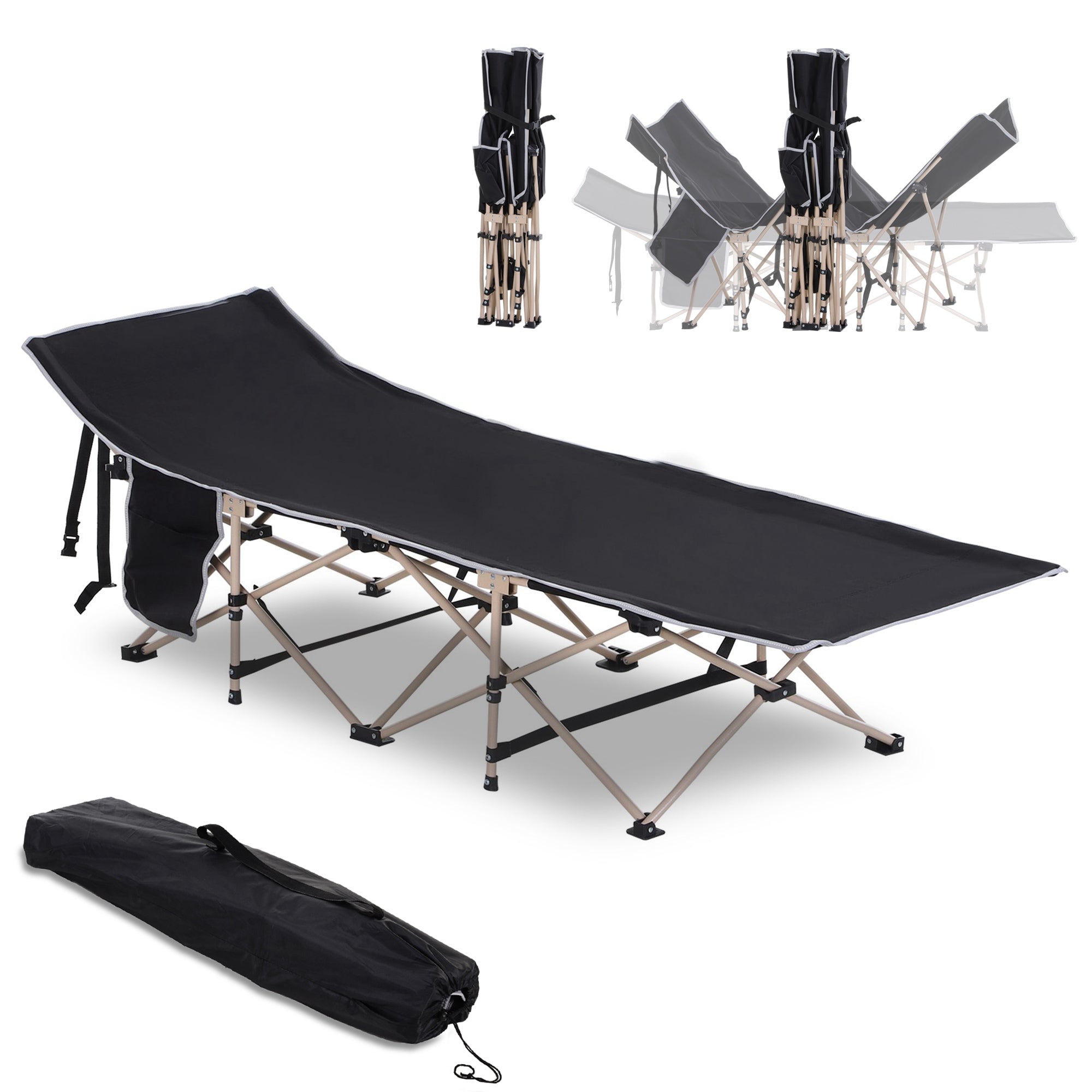 Outsunny Single Person Camping Bed Folding Cot Outdoor Patio Portable Military Sleeping Bed Travel Guest Leisure Fishing with Side Pocket and Carry Bag - Black - North Peak Garden Furniture
