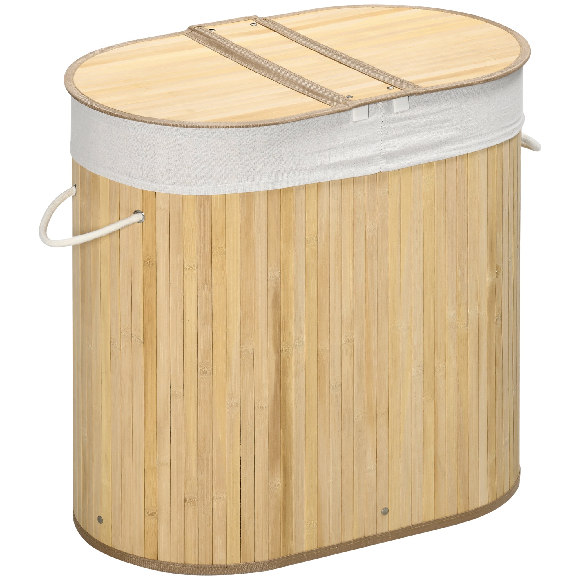 HOMCOM Bamboo Laundry Basket with Lid, 100 Litres Laundry Hamper with 2 Sections, Removable Washable Lining, Washing Baskets, 62.5 x 37 x 60.5cm, Natural - North Peak Garden Furniture