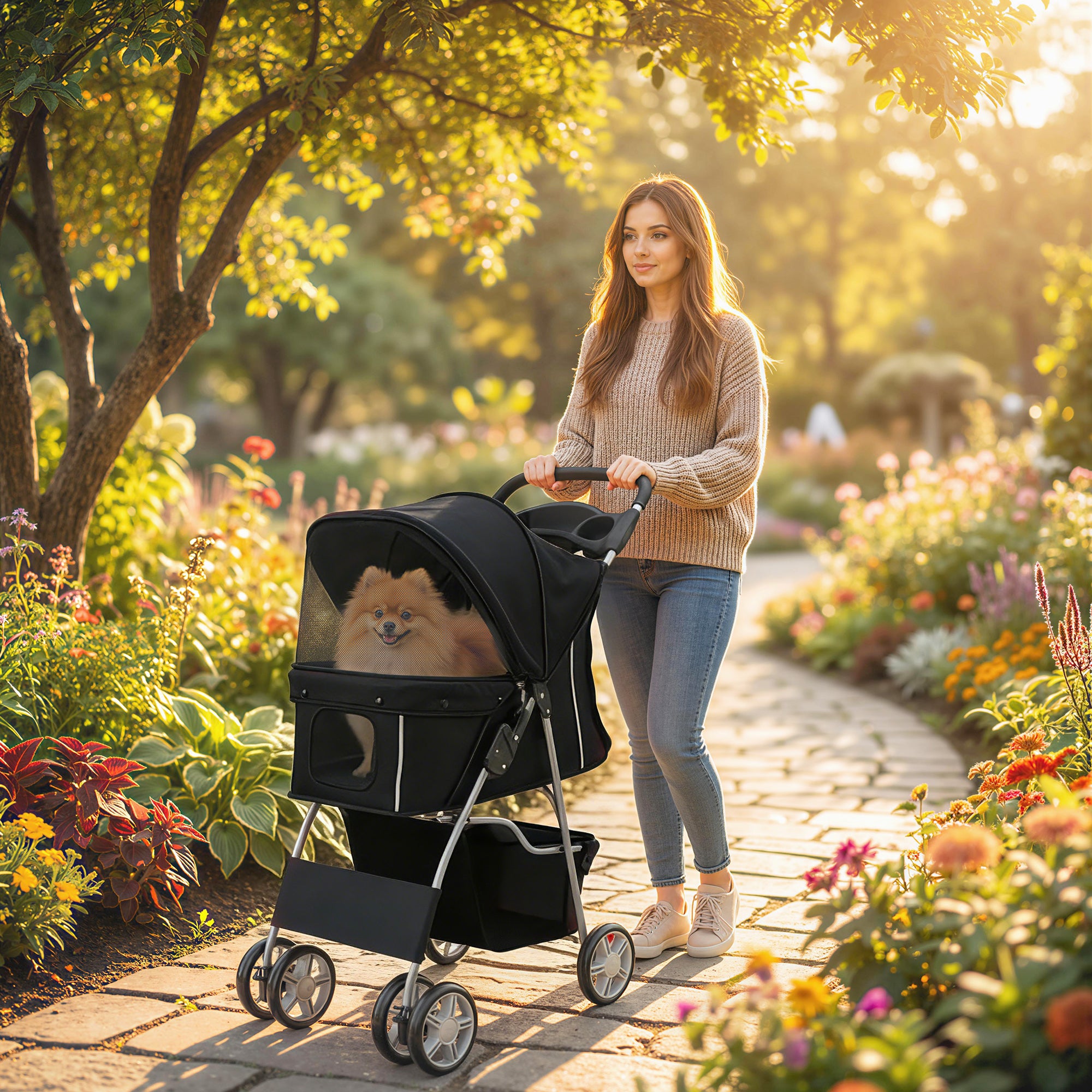 PawHut Dog Pram, Pet Stroller with Reflective Strips, Foldable Cat Stroller with 360° Swivel Wheels, Black