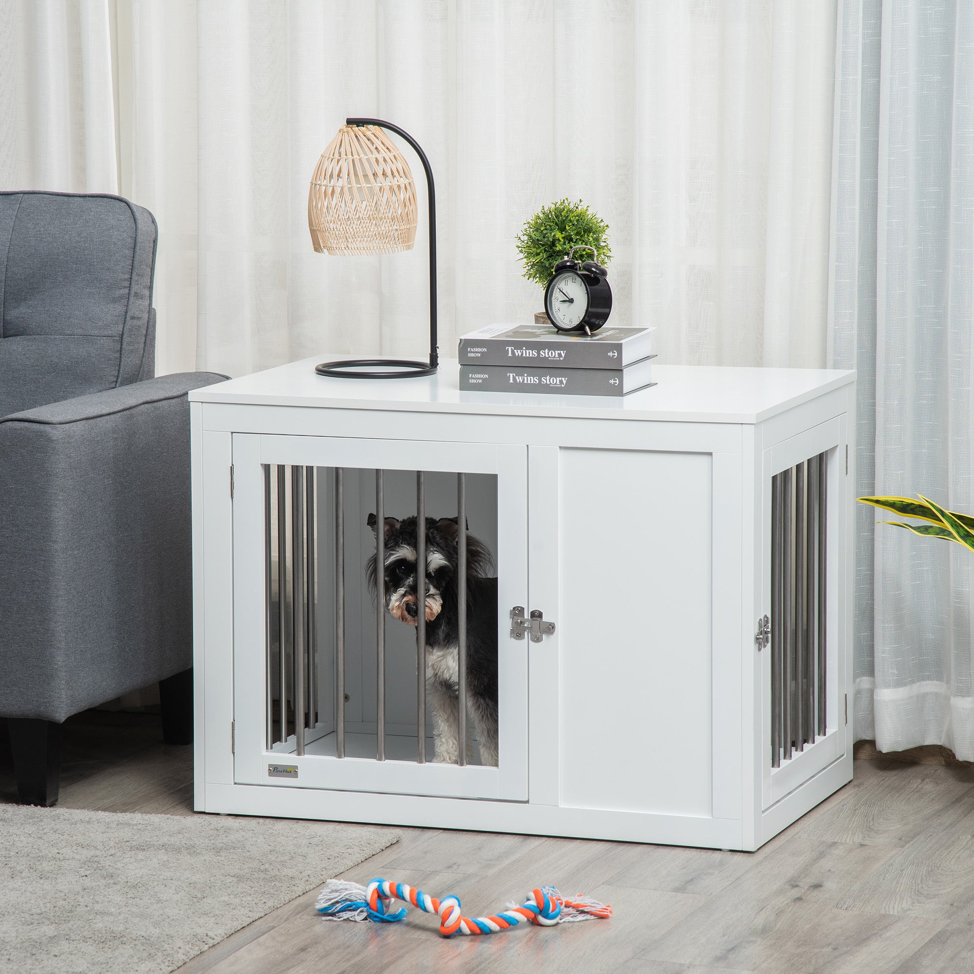PawHut 2-in-1 Dog Cage and Side Table, with Two Lockable Doors, for Medium Dogs - White - North Peak Garden Furniture