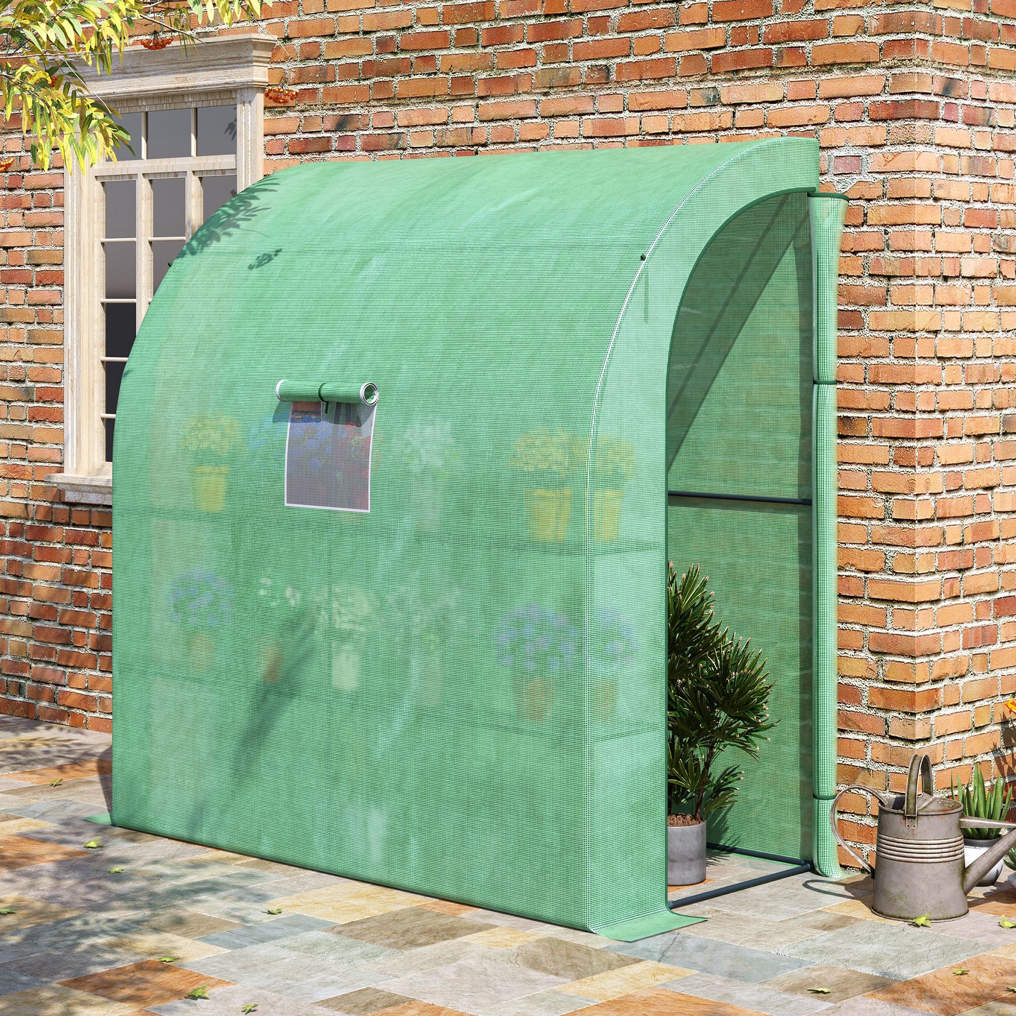 Outsunny Walk-In Lean to Wall Greenhouse with Windows and Doors, Outdoor Green House with 3 Tiers 4 Wired Shelves, 200L x 100W x 215Hcm, Green - North Peak Garden Furniture