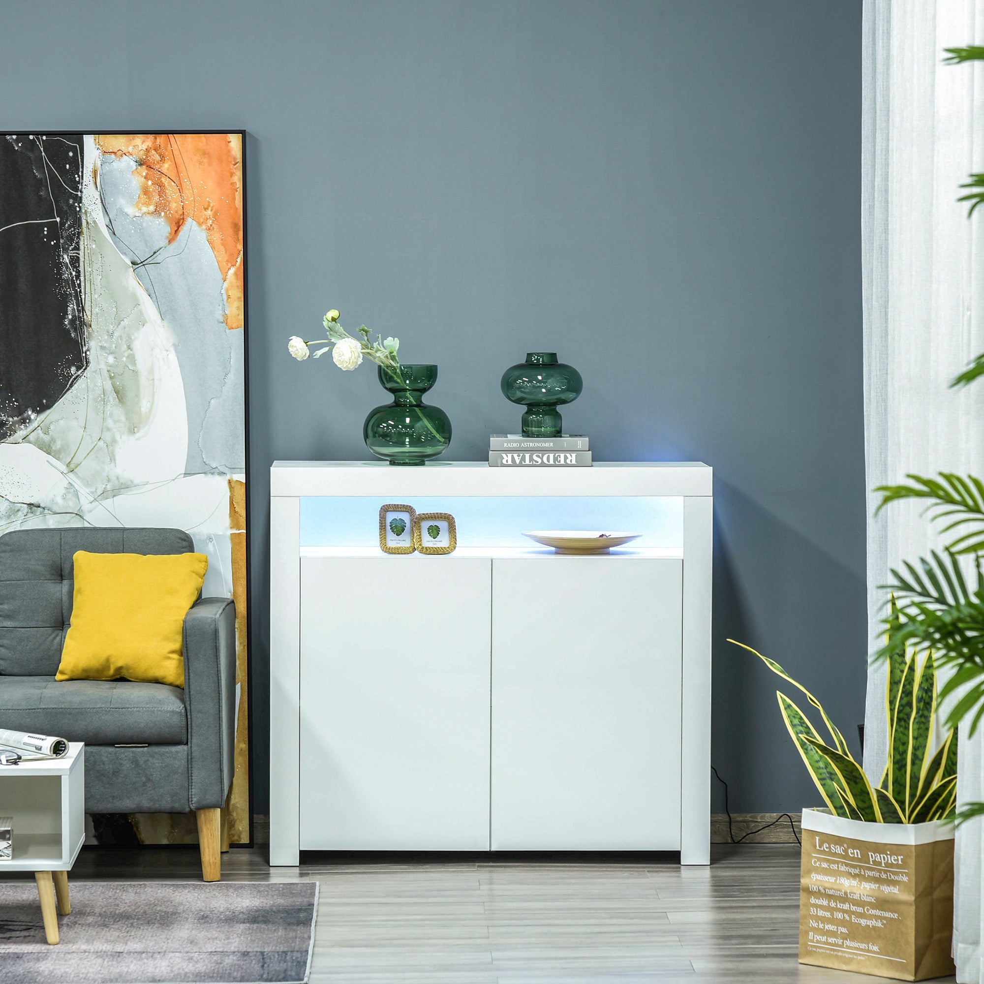 HOMCOM LED Storage Cabinet, Cupboard with High Gloss Front and RGB Lighting, Modern Sideboard for Entryway, Dining Area, Living Room, White - North Peak Garden Furniture