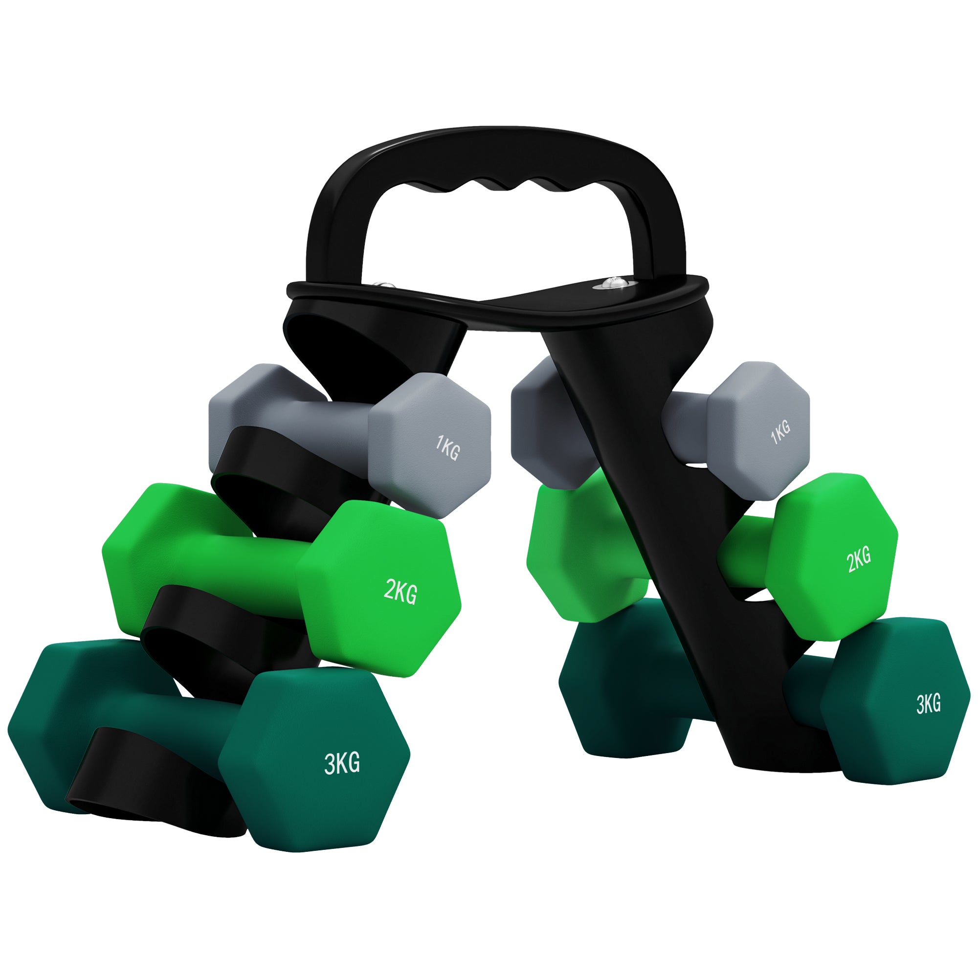 SPORTNOW Dumbbells Set with Carry Storage Rack, Set of 6 Weights for Home Gym Kettlebell Training Weight Lifting Exercise, 2 x 1kg, 2 x 2kg, 2 x 3kg - North Peak Garden Furniture