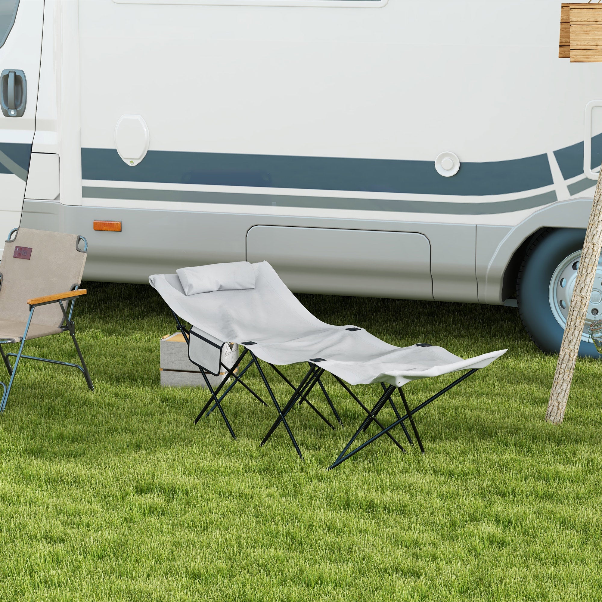 Outsunny Foldable Sun Lounger, Outdoor Tanning Sun Lounger Chair with Side Pocket, Headrest, Oxford Seat, for Beach, Yard, Patio, Light Grey - North Peak Garden Furniture