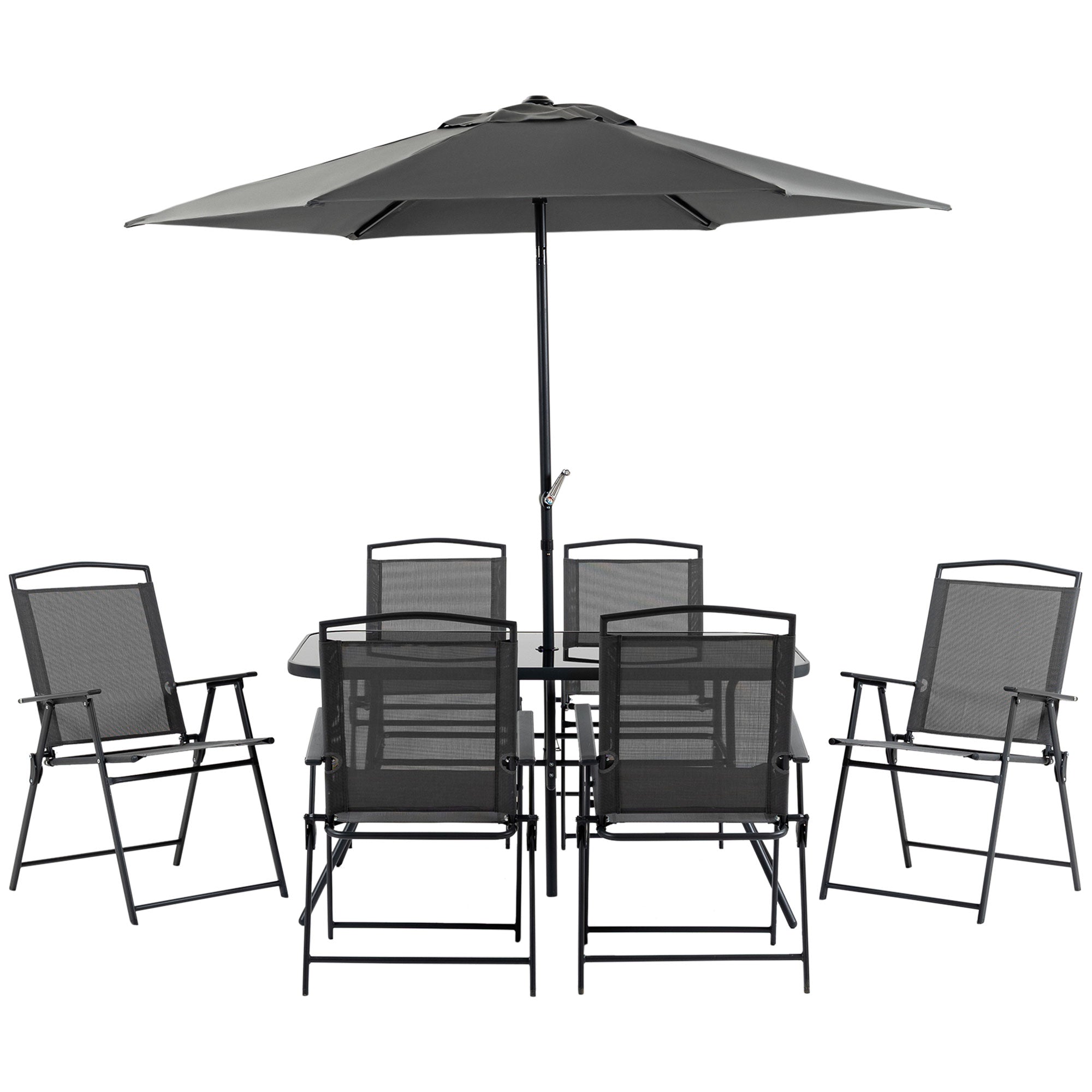 Outsunny Eight-Piece Garden Dining Set, with Chairs, Table and Parasol - Black - North Peak Garden Furniture