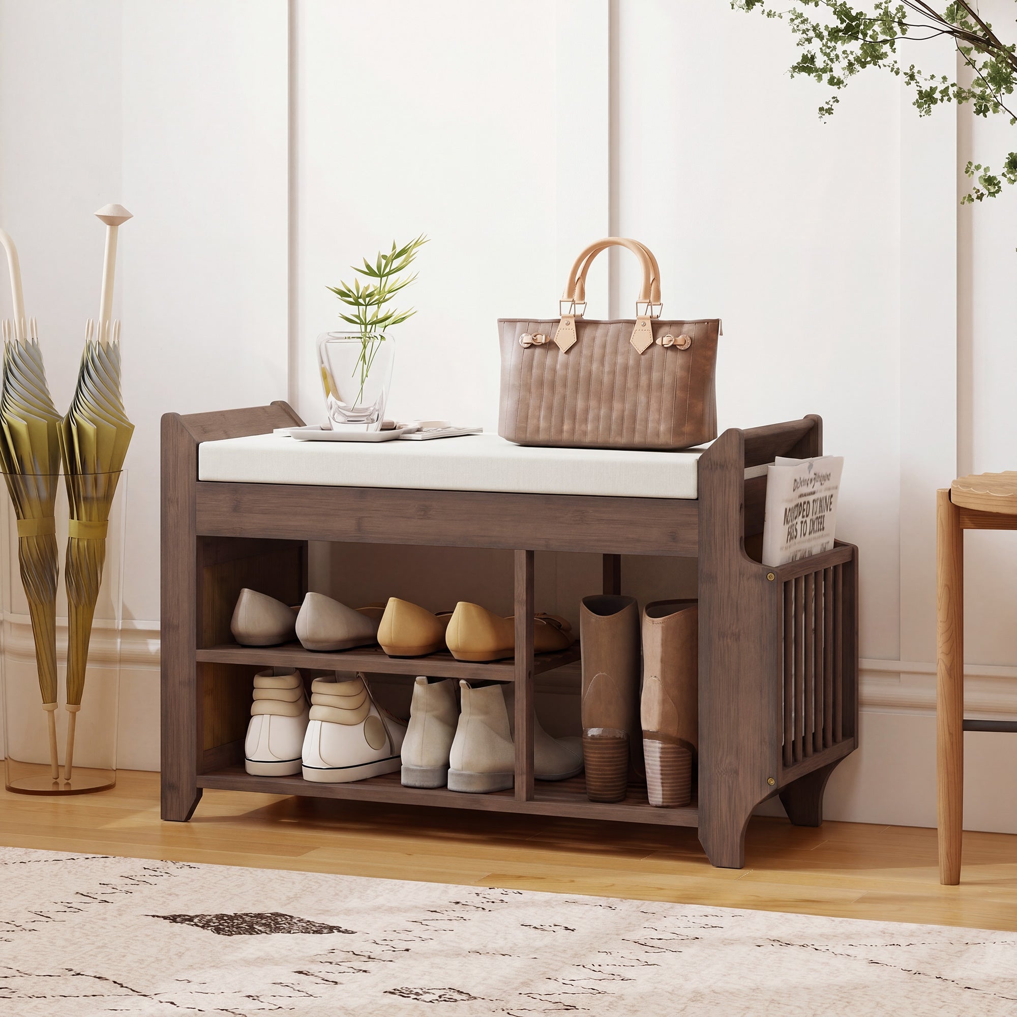 HOMCOM Shoe Bench 2-Tier Boot Section Entryway Storage Bench Cushioned Seat 80 x 30 x 50 cm Dark Brown and Cream