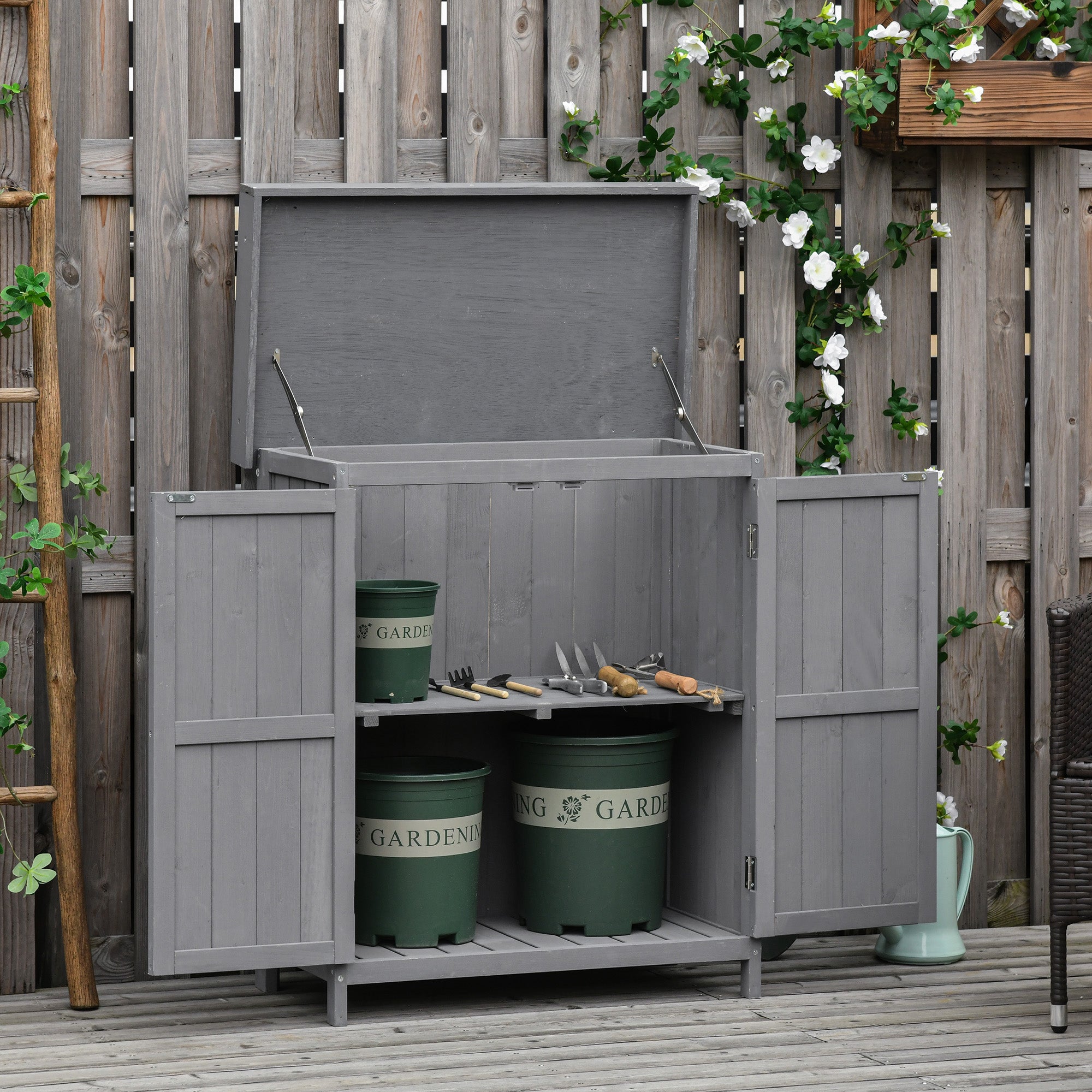 Outsunny Wooden Garden Storage Shed with Hinged Roof and Shelves, Outdoor Storage Cabinet Chest, Double Doors, 74 x 43 x 88cm, Grey - North Peak Garden Furniture