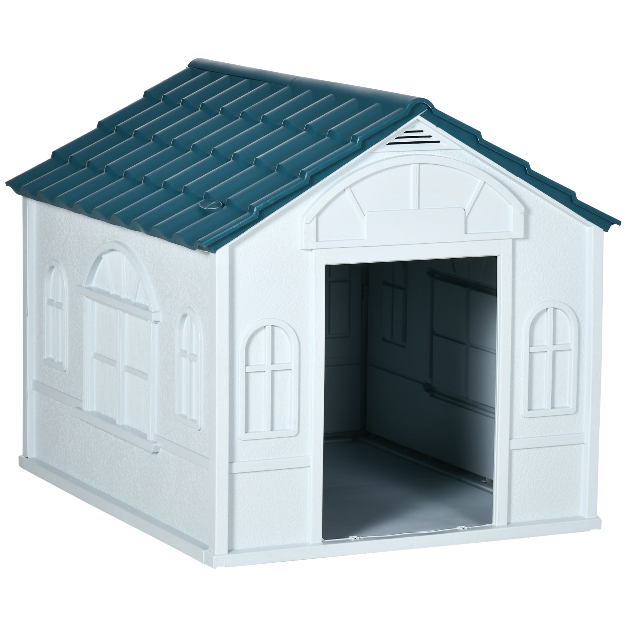PawHut Plastic Weather-Resistant Dog House, for Indoors and Outdoors, Large Dogs - White and Blue - North Peak Garden Furniture